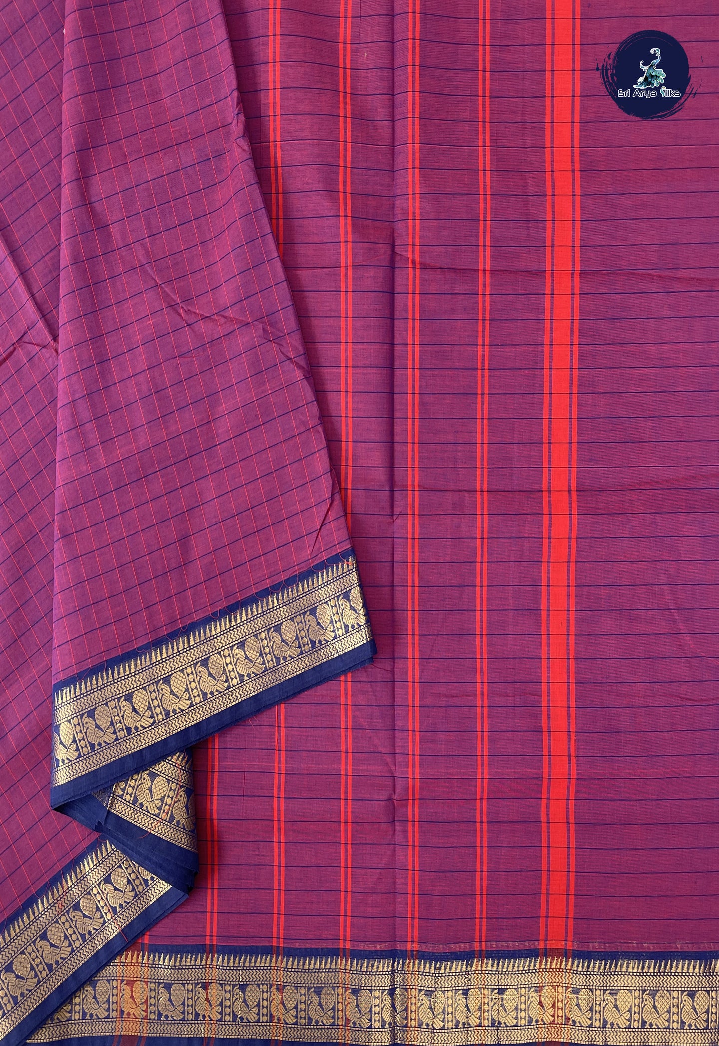 Dual Tone Purple 10 Yards Madisar Cotton Saree With Checked Pattern