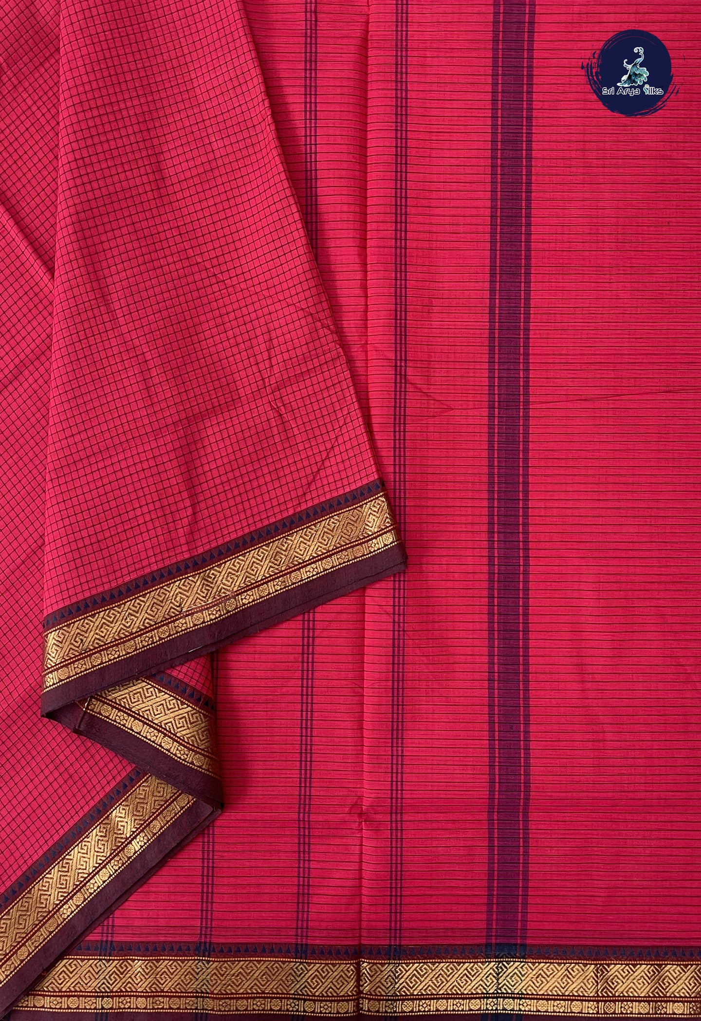 Reddish Pink 10 Yards Madisar Cotton Saree With Checked Pattern