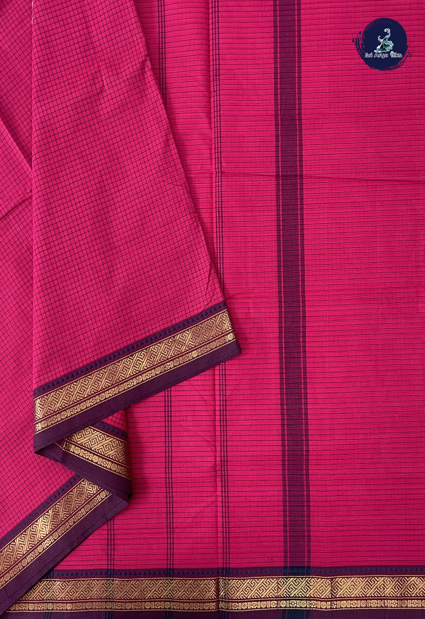 Pink 10 Yards Madisar Cotton Saree With Checked Pattern