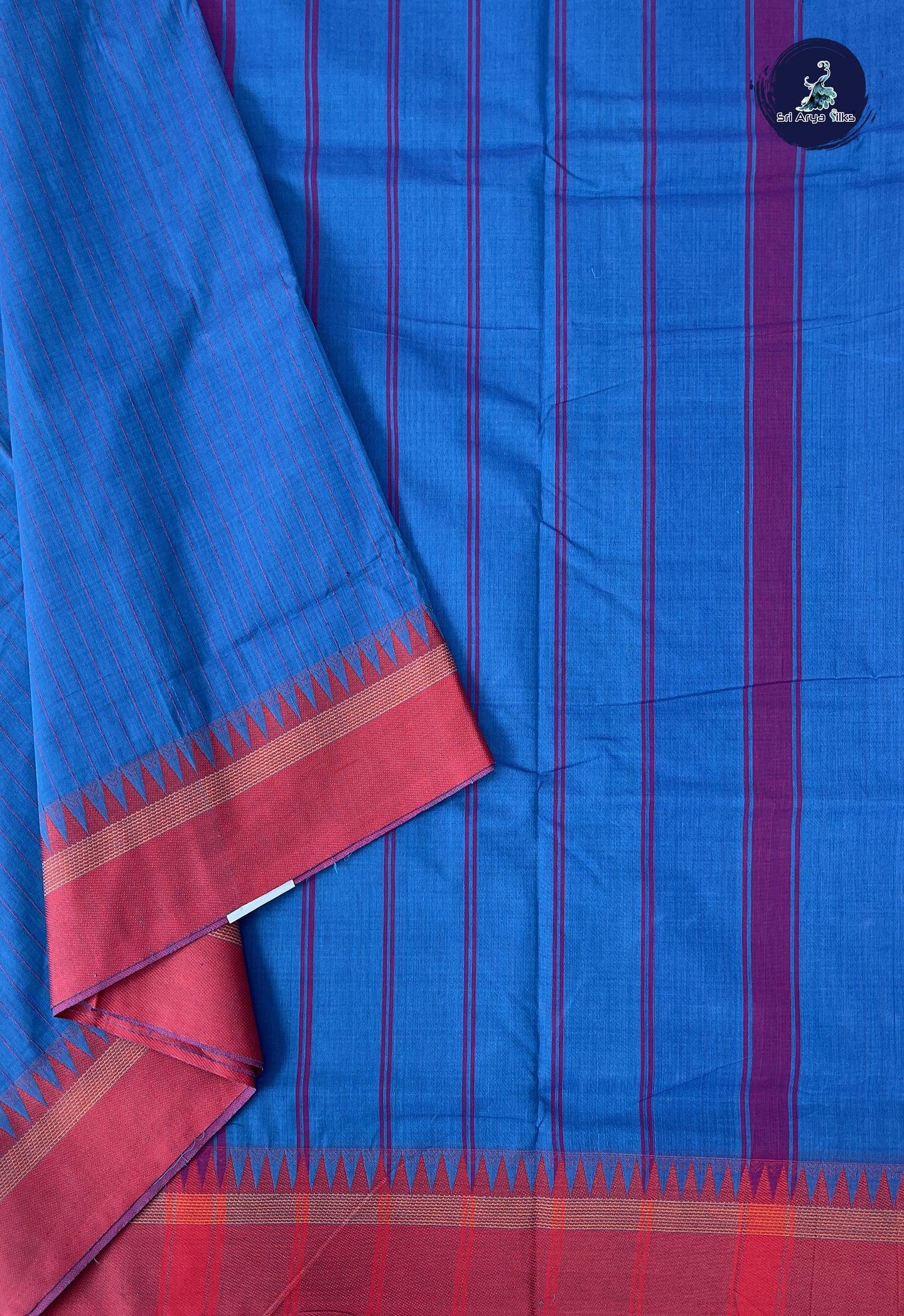 Dark Blue 10 Yards Madisar Cotton Saree With Stripes Pattern