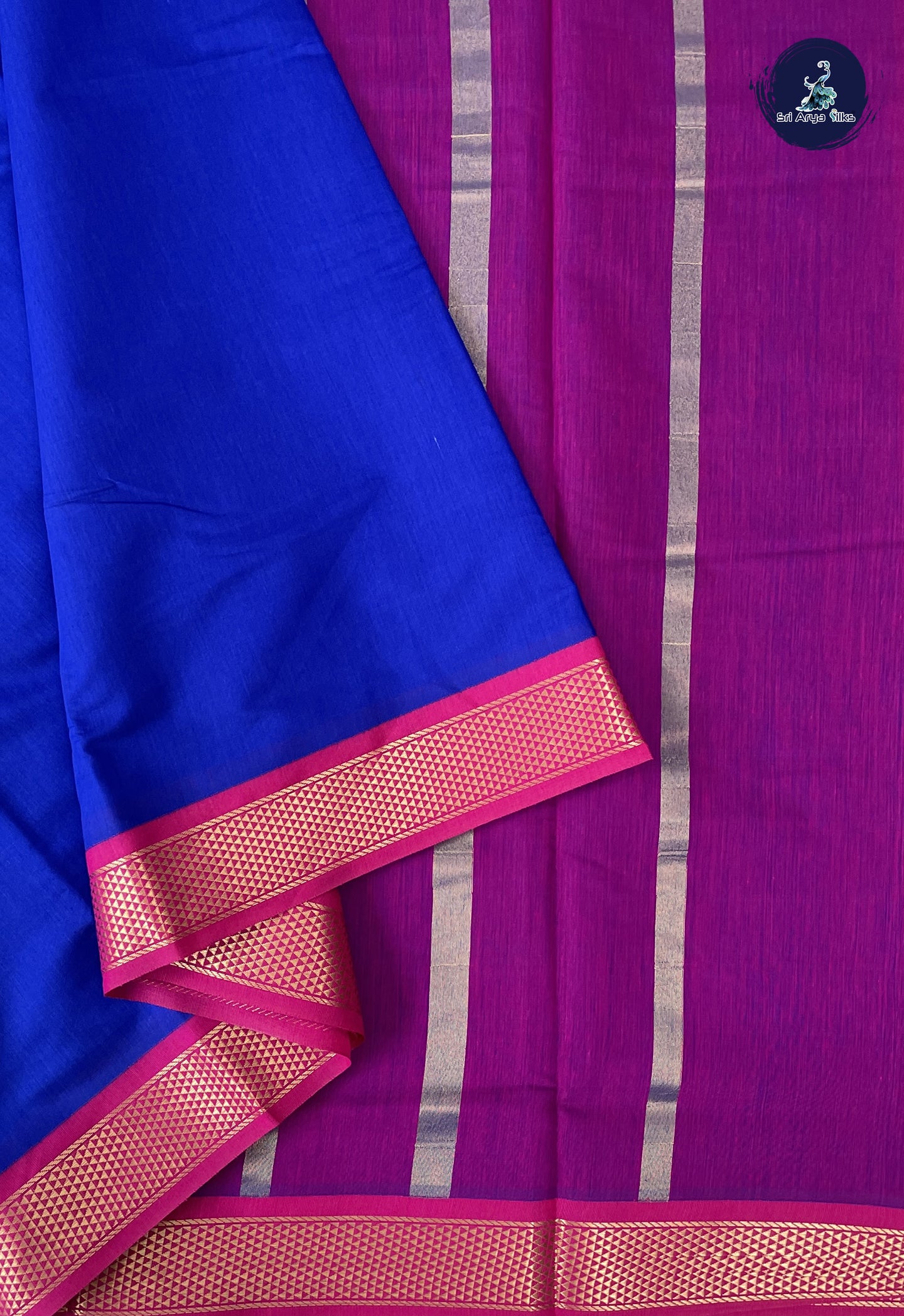 Dark Blue Madisar Semi Silk Cotton Saree With Plain Pattern