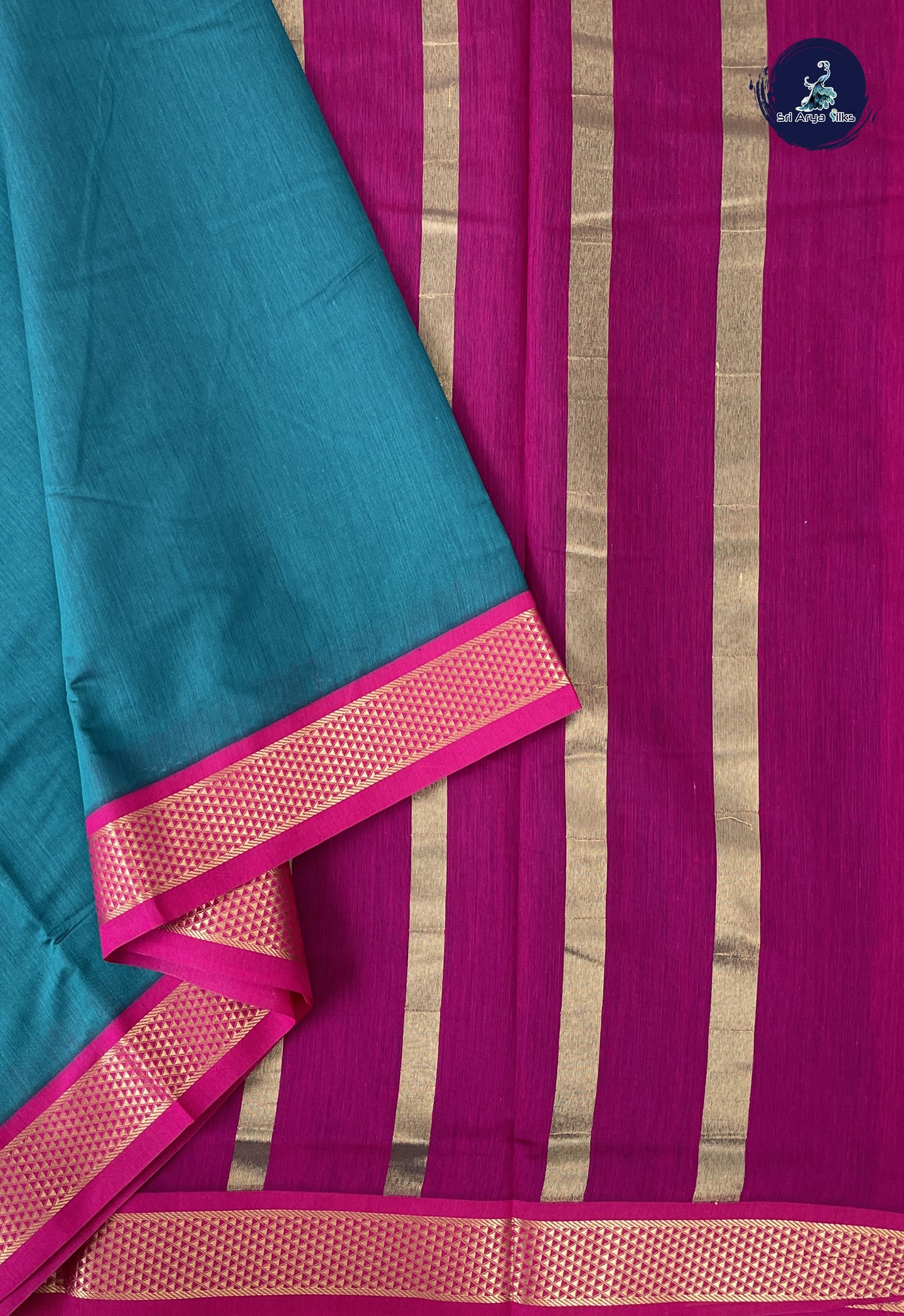 Sapphire Green Madisar Semi Silk Cotton Saree With Plain Pattern