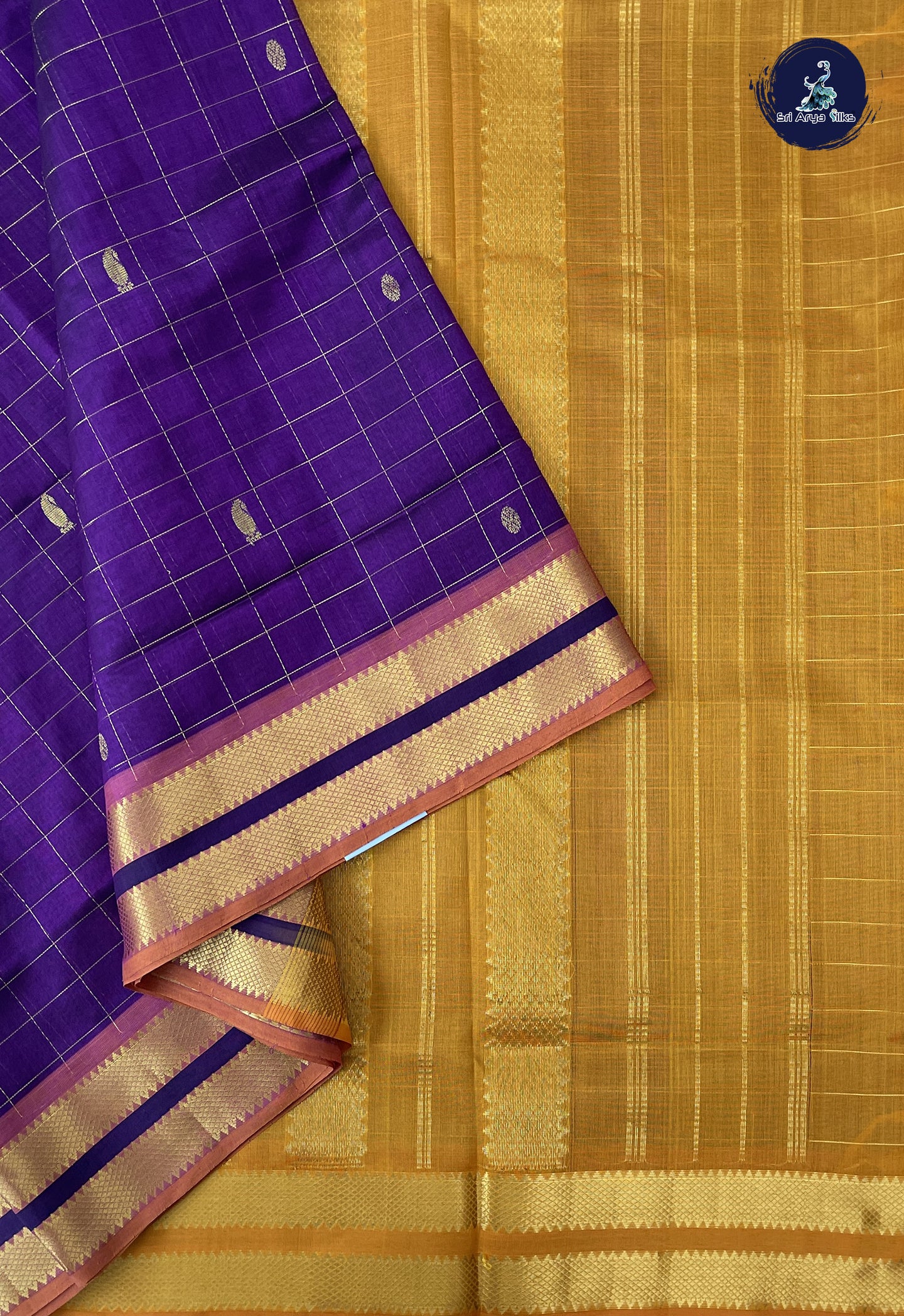 Dark Brinjal 10 Yards Silk Cotton Saree With Zari Checked Pattern