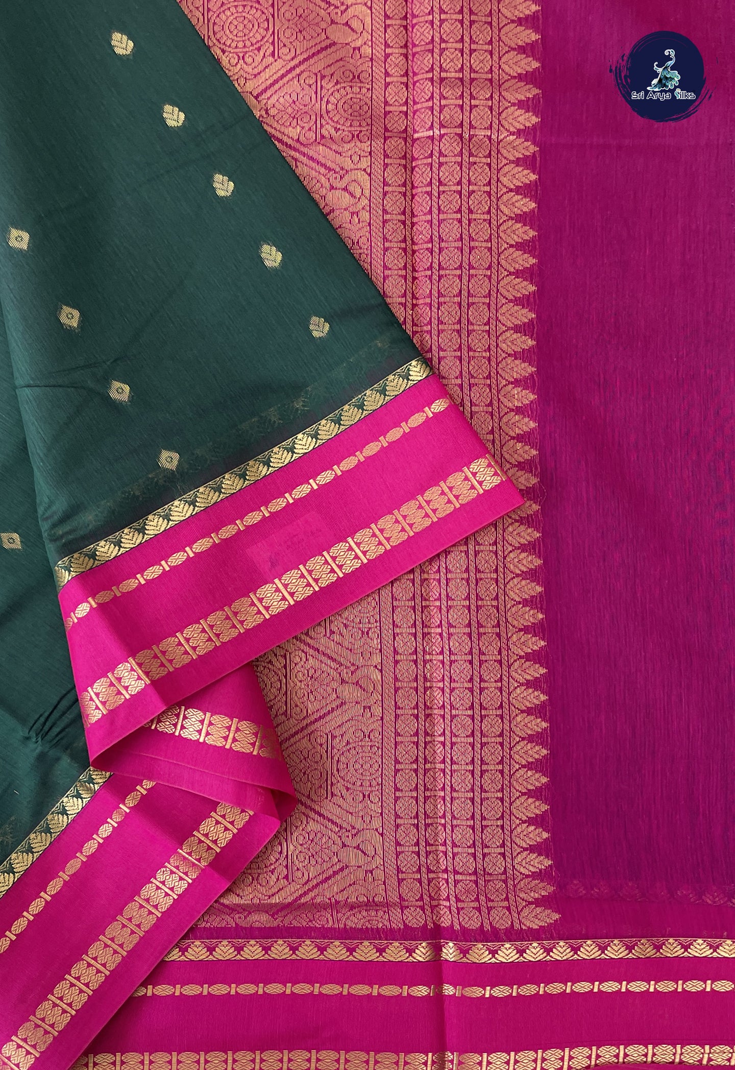 Dark Green Madisar Semi Silk Cotton Saree With Zari Buttas Pattern