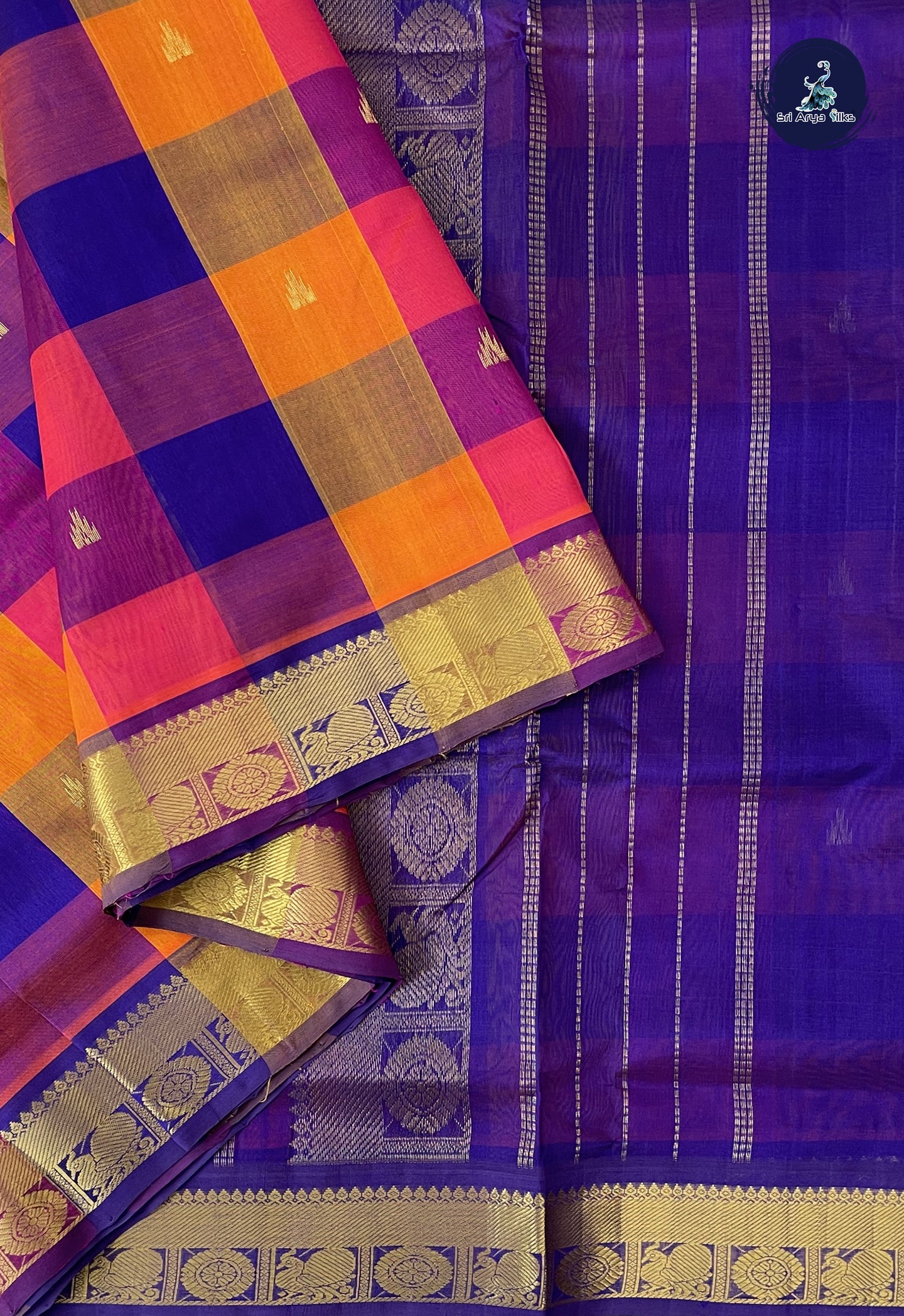 Multi Colour 10 Yards Silk Cotton Saree With Paalum Pazham Kattam Pattern
