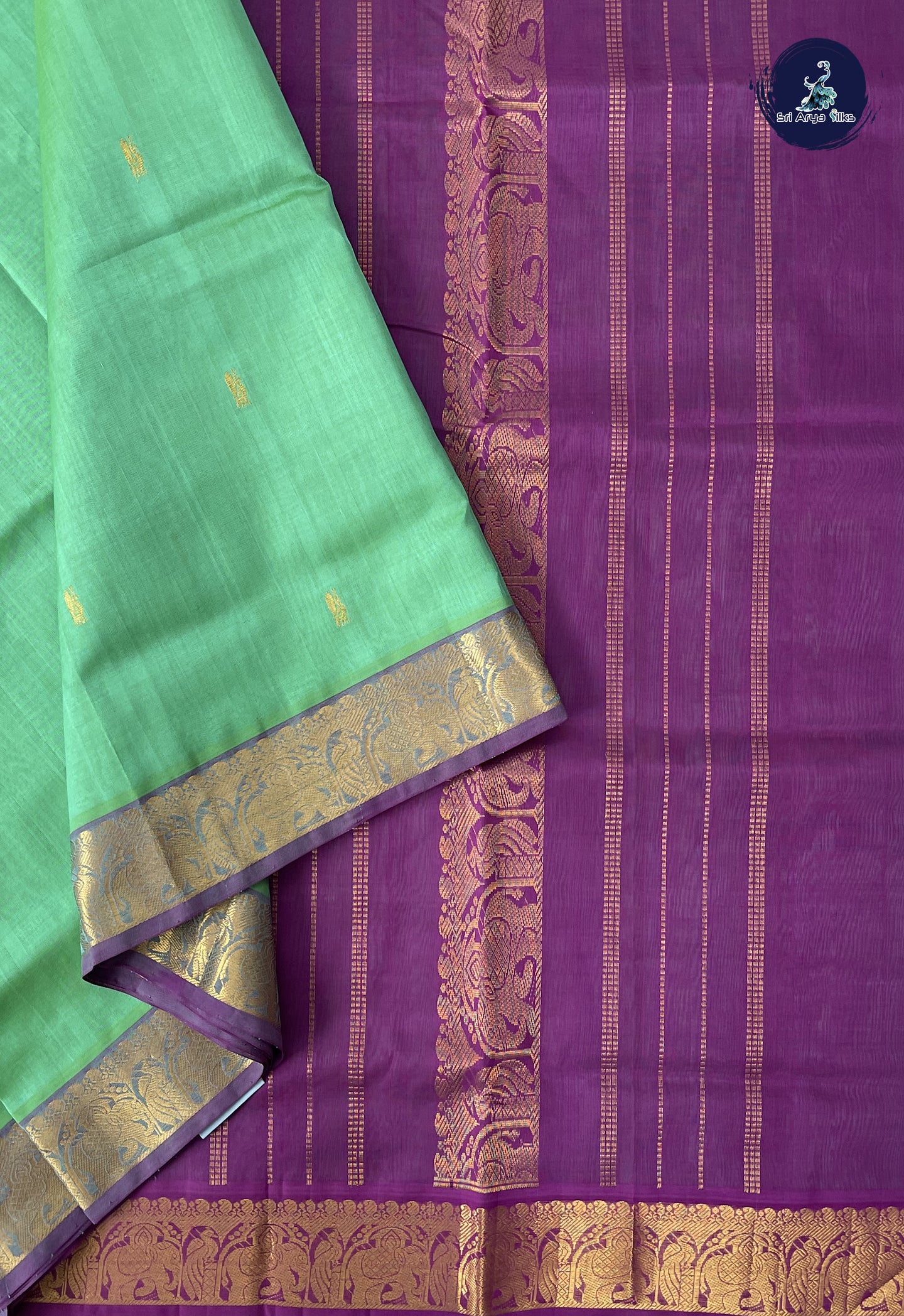 Pastel Green 10 Yards Silk Cotton Saree With Zari Buttas Pattern