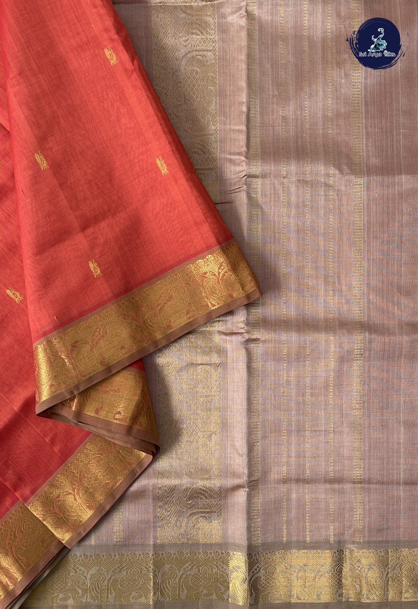 Orange 10 Yards Silk Cotton Saree With Zari Buttas Pattern