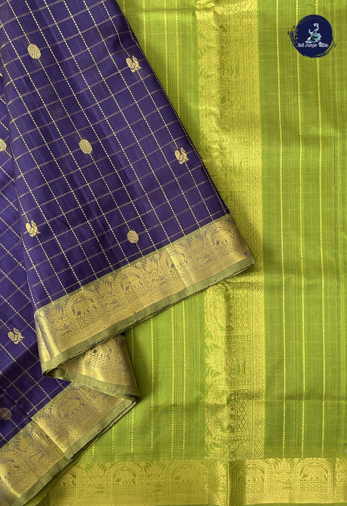 Dark Blue 10 Yards Silk Cotton Saree With Zari Checked Pattern