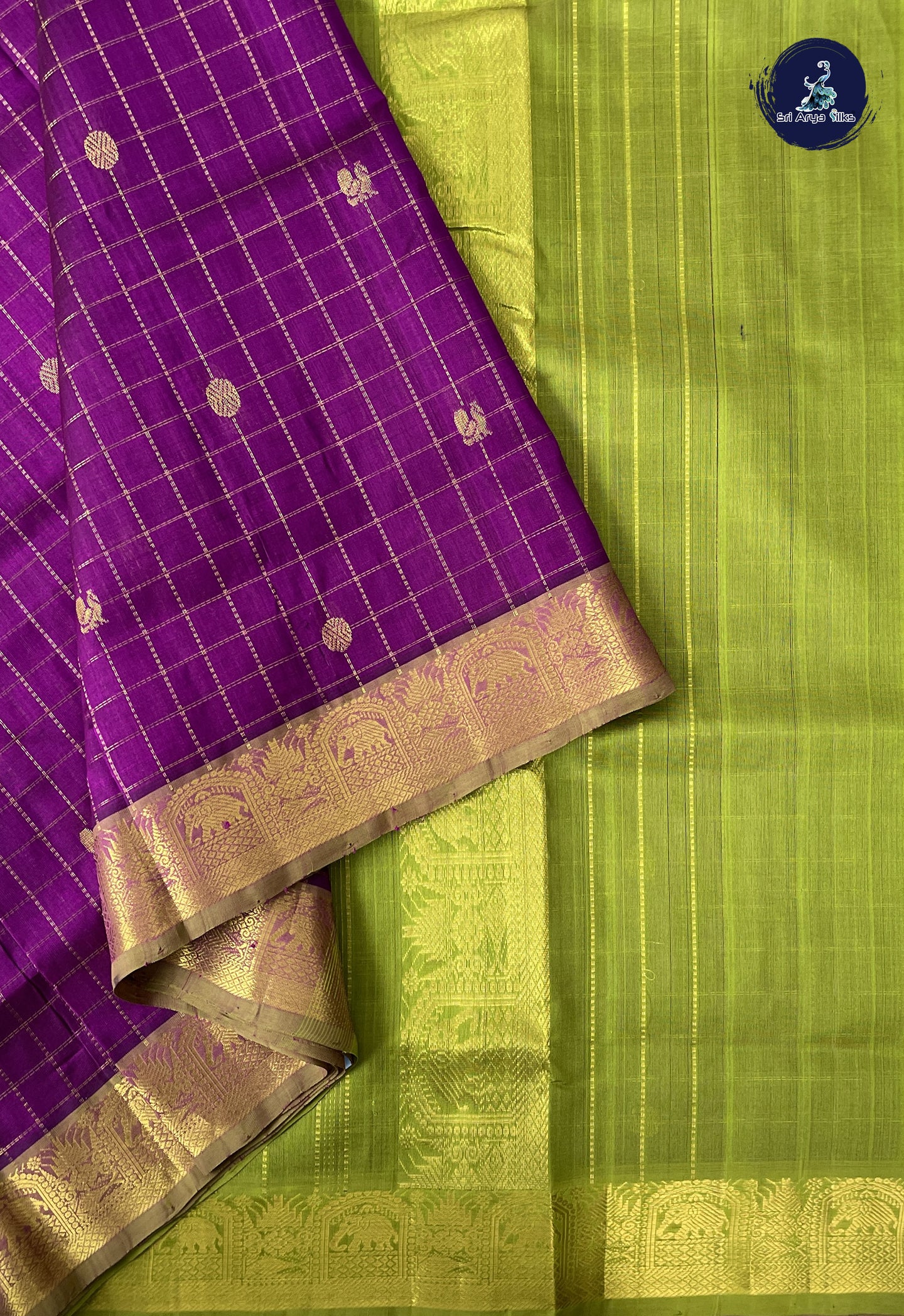 Purple 10 Yards Silk Cotton Saree With Zari Checked Pattern