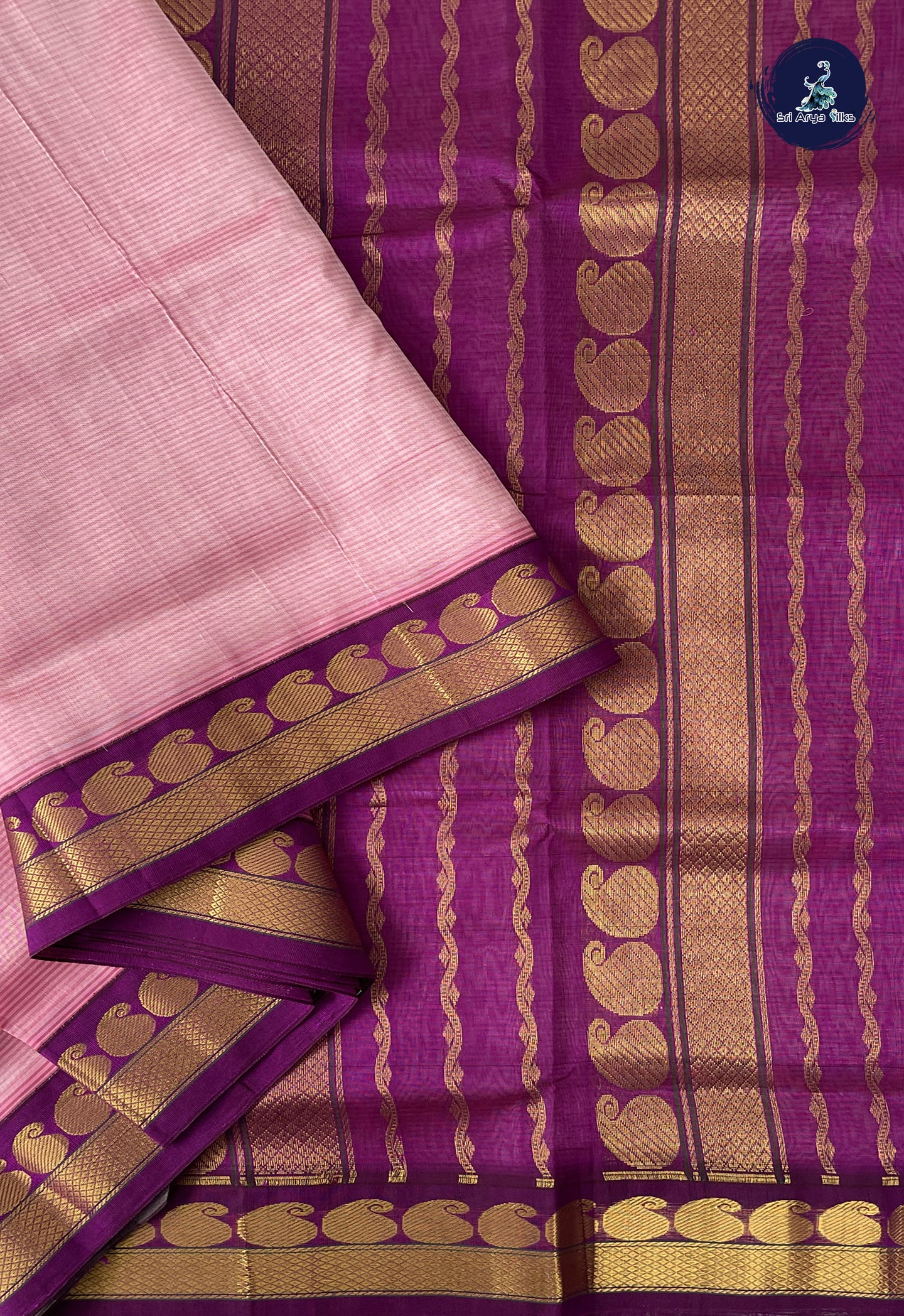 Lotus Pink 10 Yards Silk Cotton Saree With Doria Lines Pattern