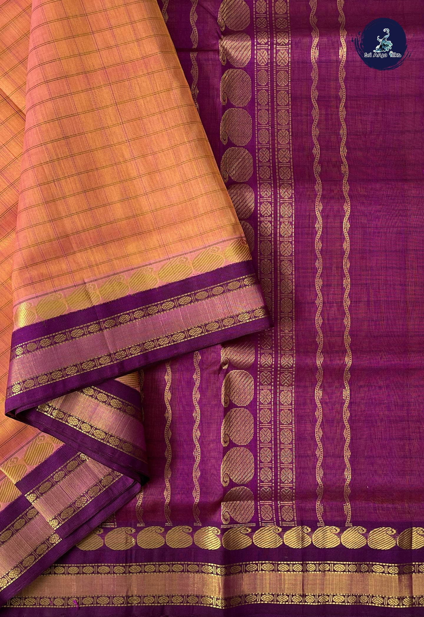 Peach 10 Yards Silk Cotton Saree With Checked Pattern
