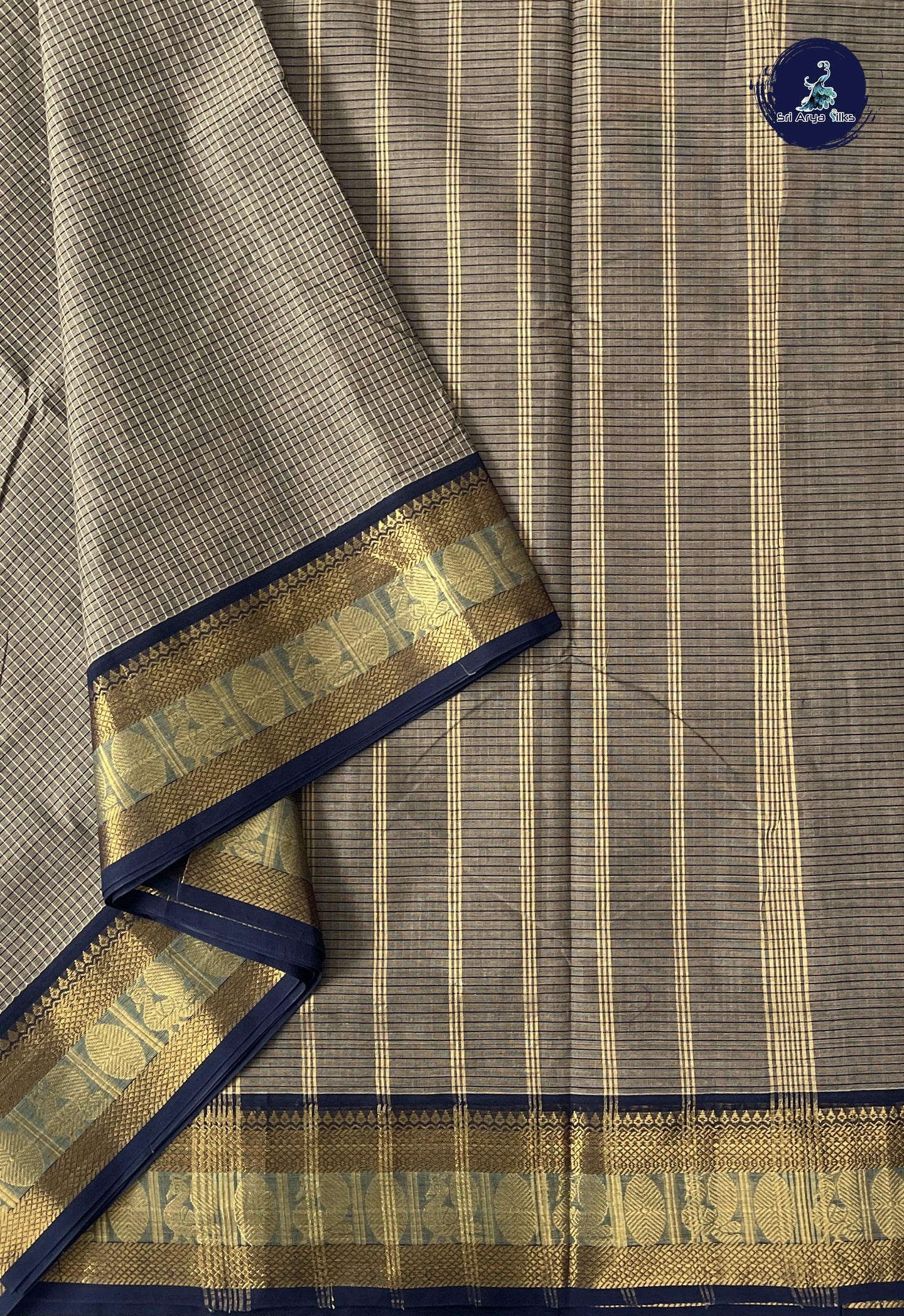 Light Brown 10.5 Yards Madisar Saree With Checked Pattern