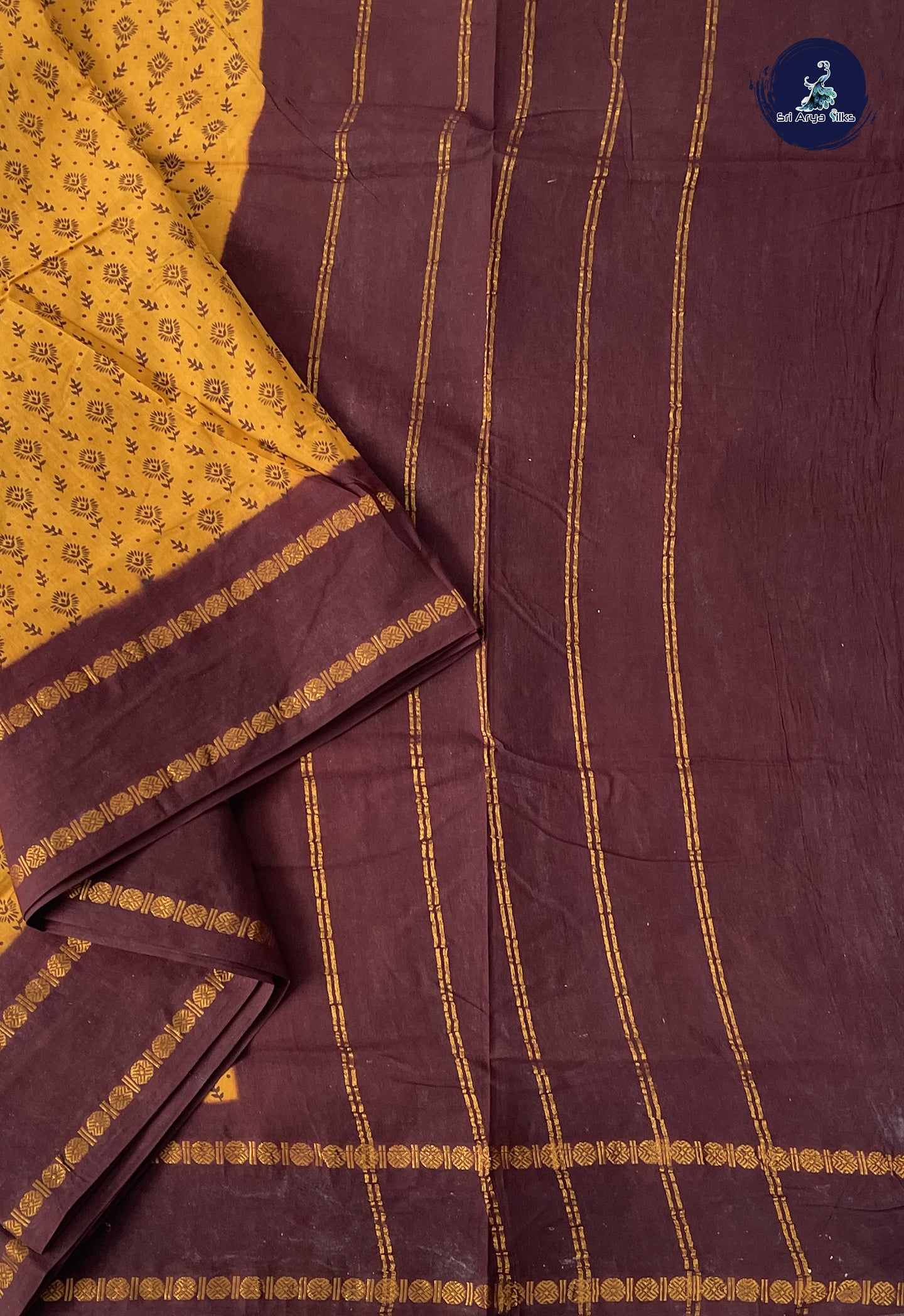Mustard Sugundi Cotton Madisar Saree With Printed Pattern
