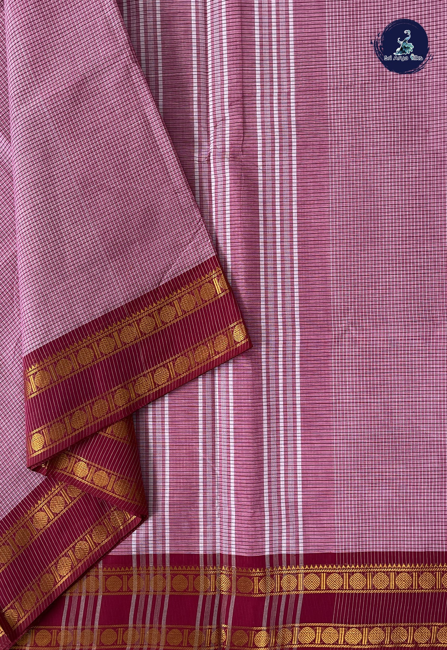 Pink 10 Yards Madisar Cotton Saree With Checked Pattern