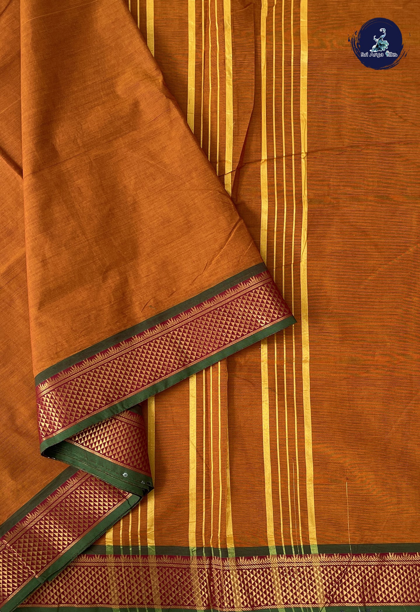 Brown 10 Yards Madisar Cotton Saree With Plain Pattern