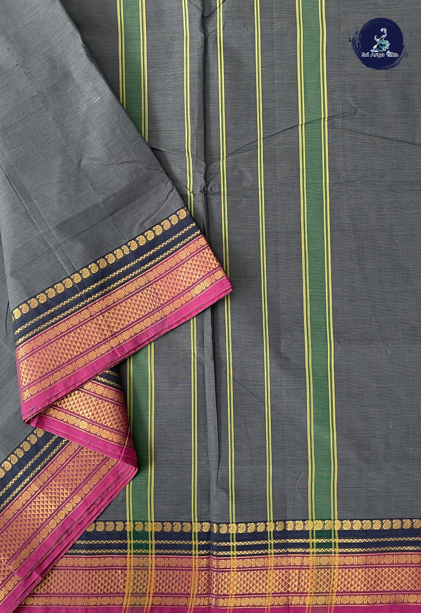 Grey 10 Yards Madisar Cotton Saree With Plain Pattern