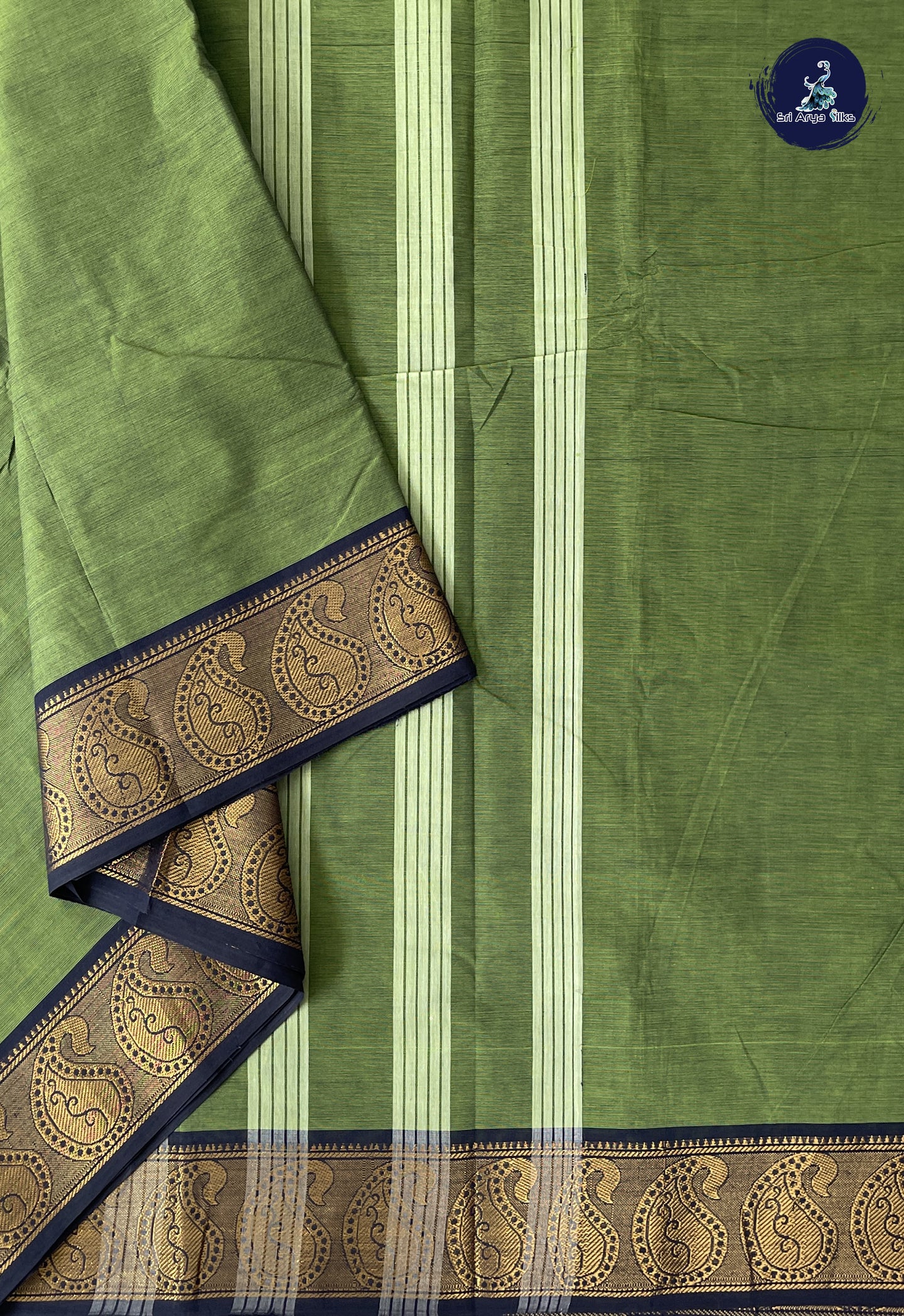 Green 10 Yards Madisar Cotton Saree With Plain Pattern