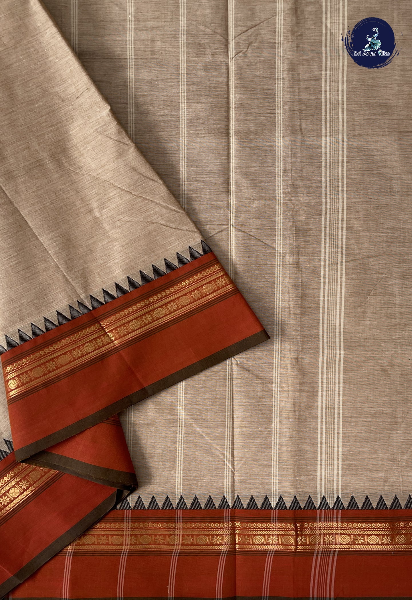 Light Brown 10 Yards Madisar Cotton Saree With Plain Pattern