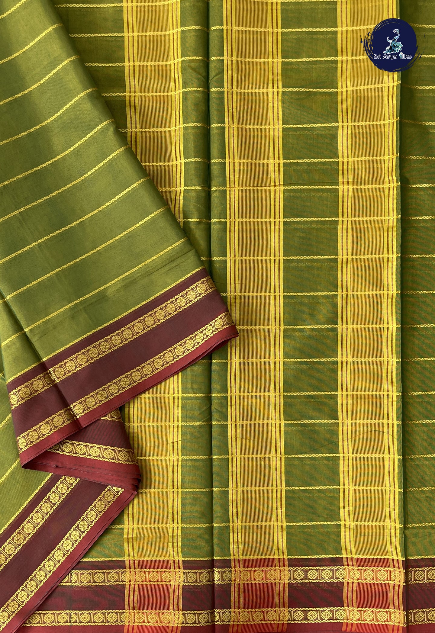 Dual Tone Green Devendra Cotton Madisar Saree With Veldhari Stripes Pattern