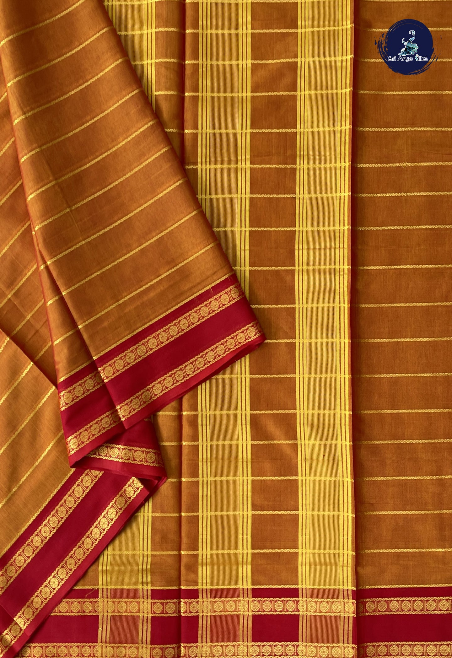 Lite Mustard Orange Devendra Cotton Madisar Saree With Veldhari Stripes Pattern