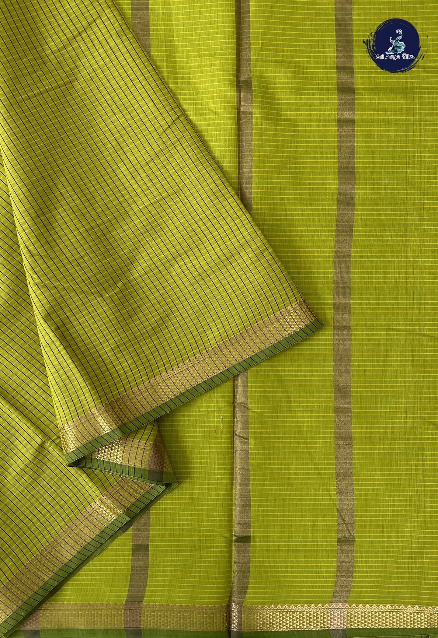 Lime Green Madisar Semi Silk Cotton Saree With Checked Pattern