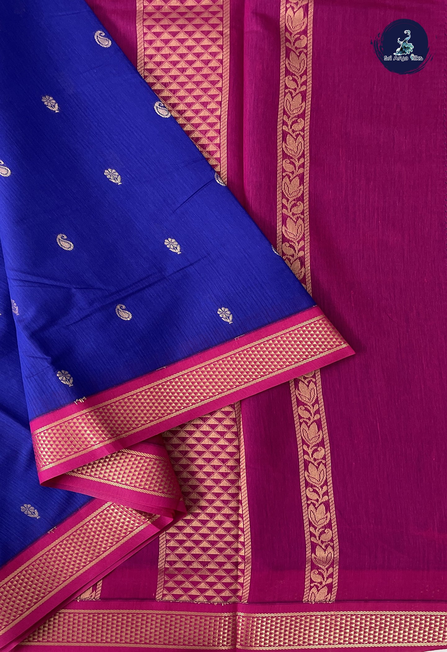 Dark Blue Madisar Semi Silk Cotton Saree With Zari Buttas Pattern