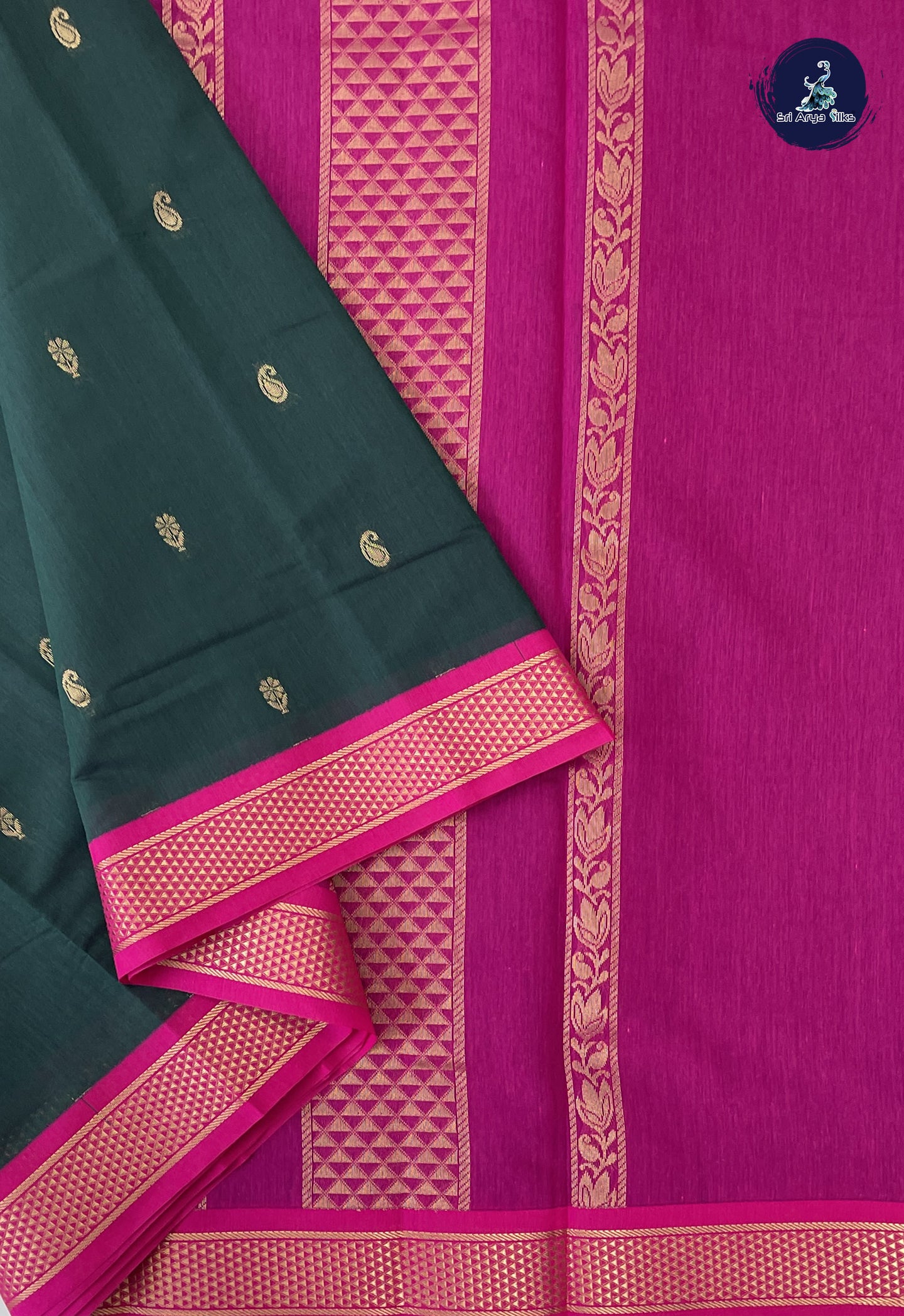 Bottle Green Madisar Semi Silk Cotton Saree With Zari Buttas Pattern