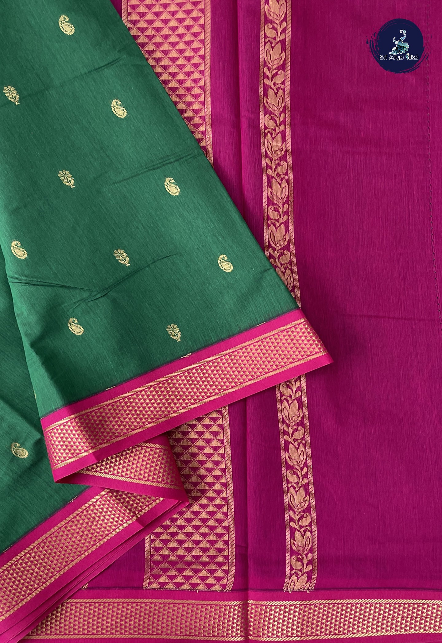 Dark Green Madisar Semi Silk Cotton Saree With Zari Buttas Pattern