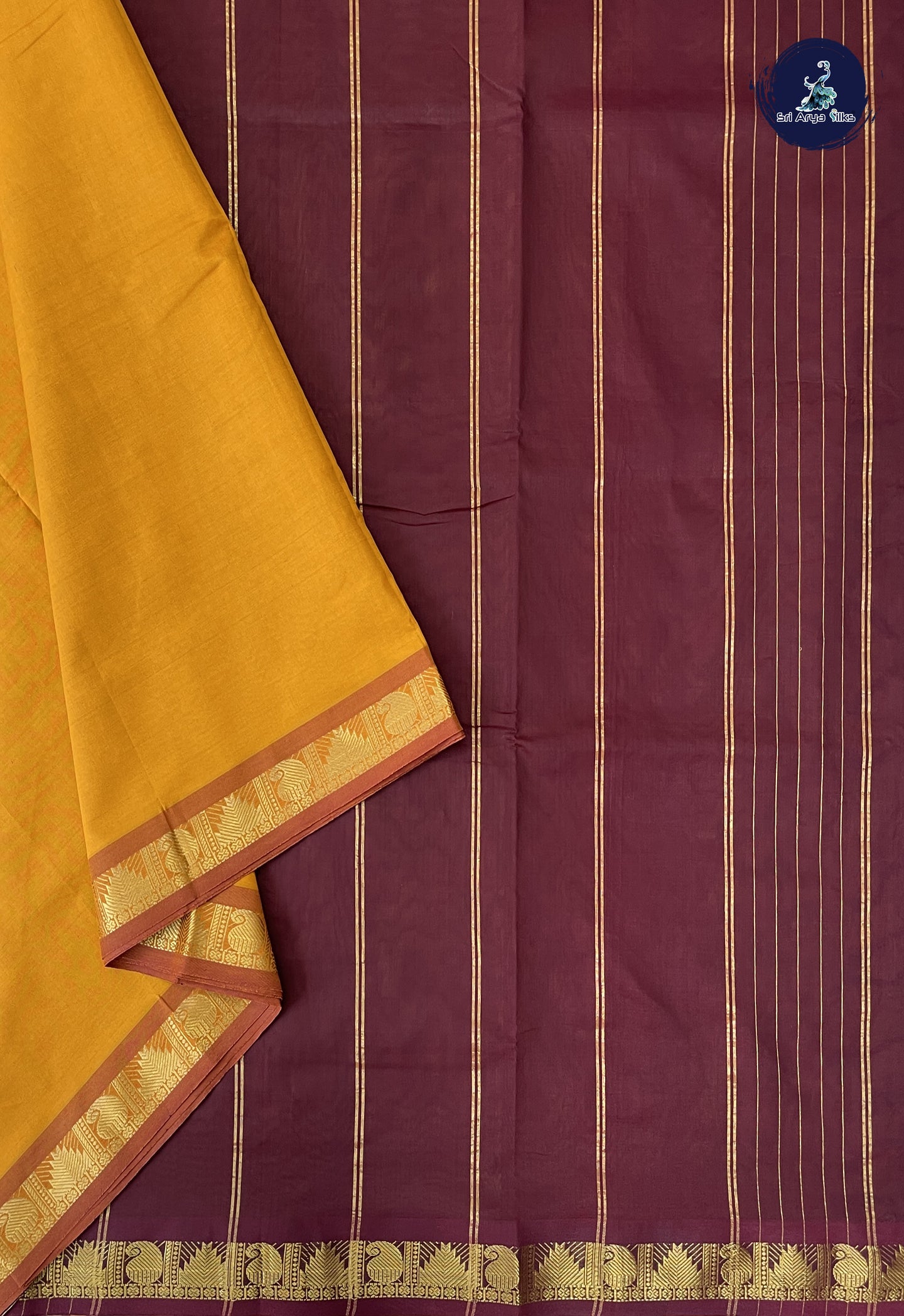 Mustard Yellow Madisar Semi Silk Cotton Saree With Plain Pattern