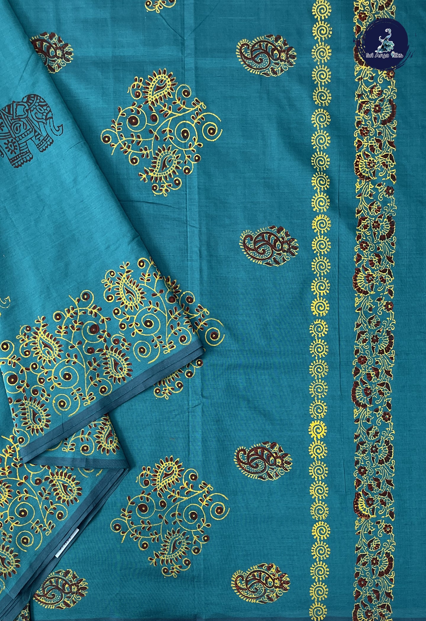 Peacock Green Madisar Semi Silk Cotton Saree With Printed Pattern