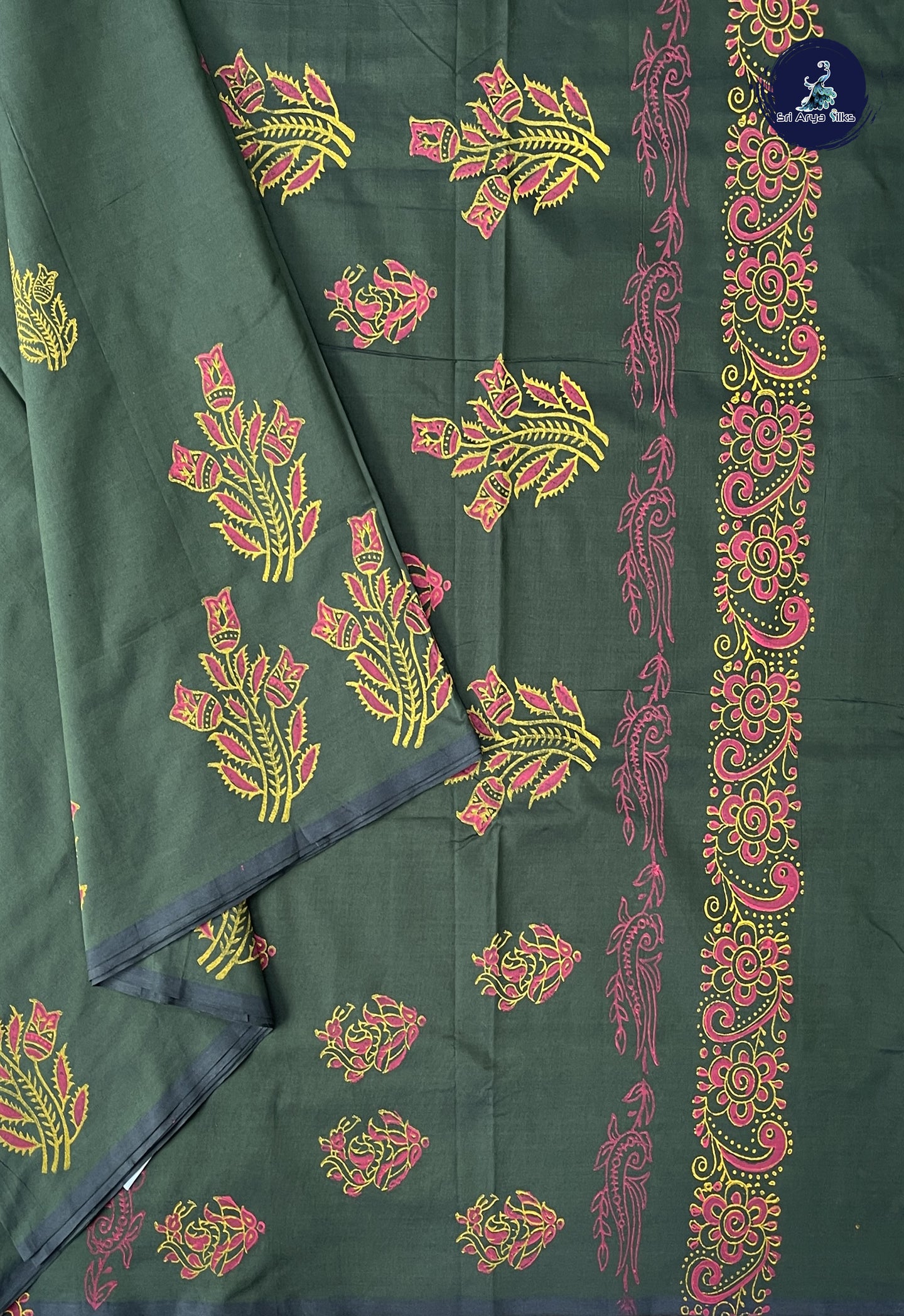 Dark Green Madisar Semi Silk Cotton Saree With Printed Pattern