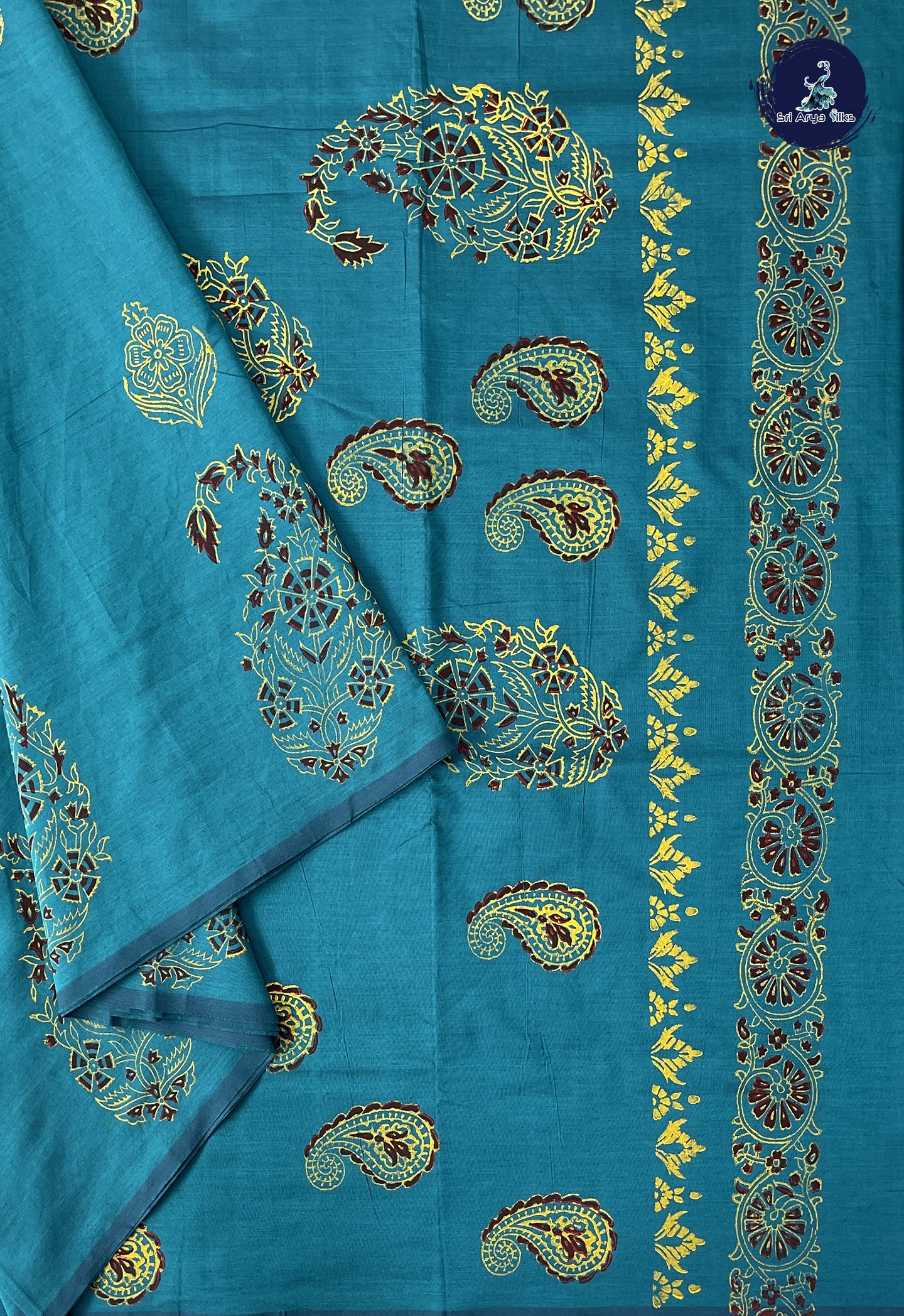 Peacock Green Madisar Semi Silk Cotton Saree With Printed Pattern