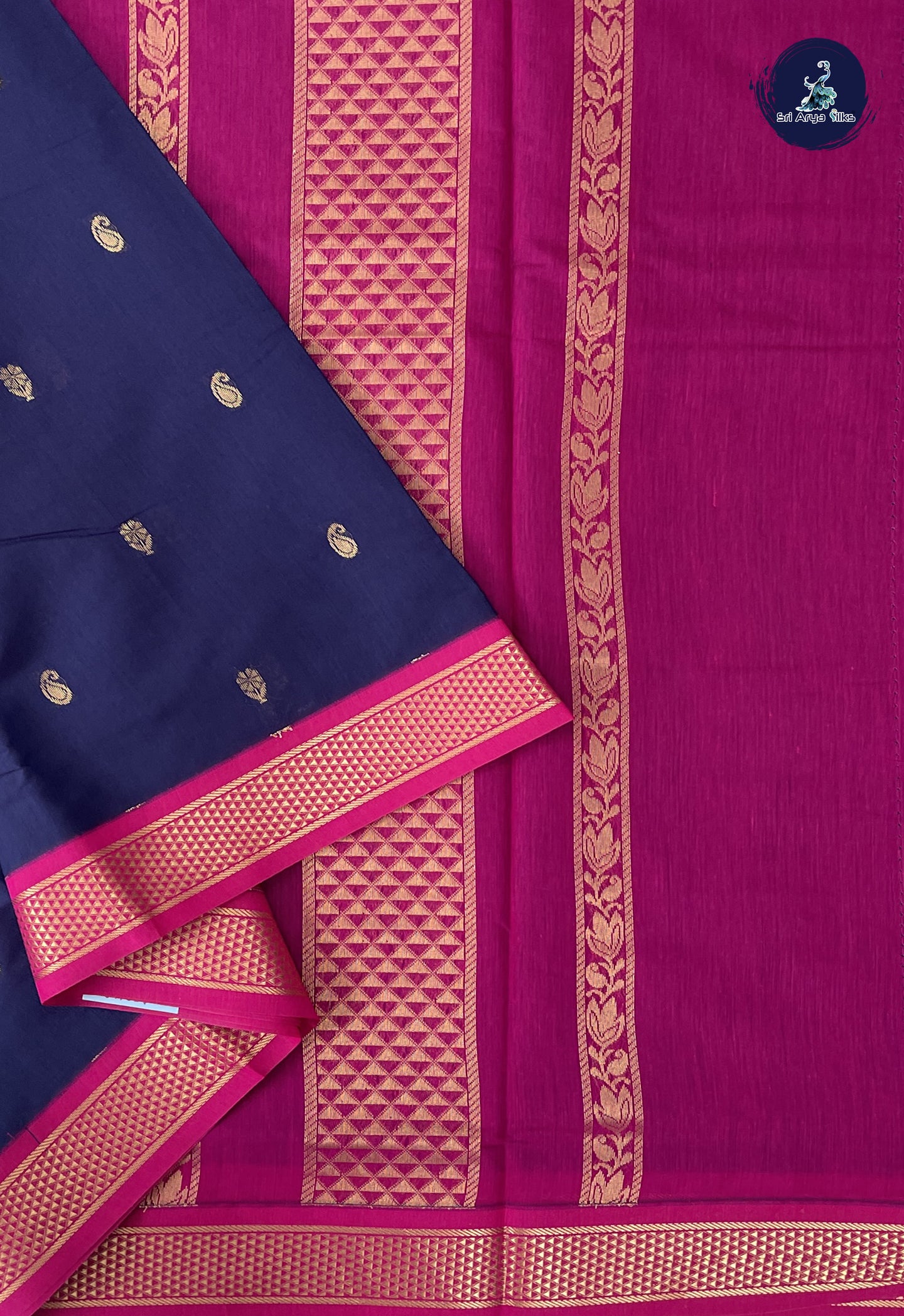 Navy Blue Madisar Semi Silk Cotton Saree With Zari Buttas Pattern