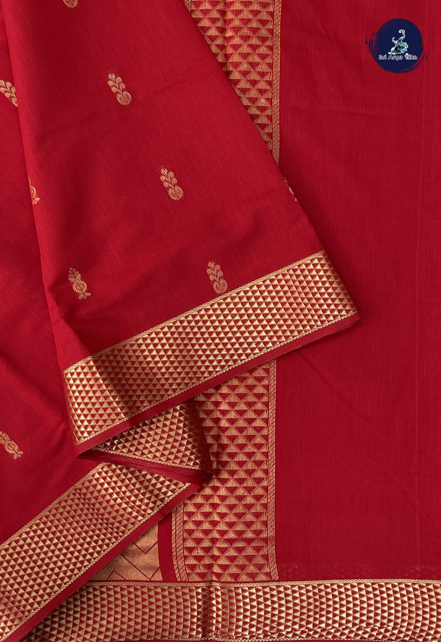 Red Madisar Semi Silk Cotton Saree With Zari Buttas Pattern