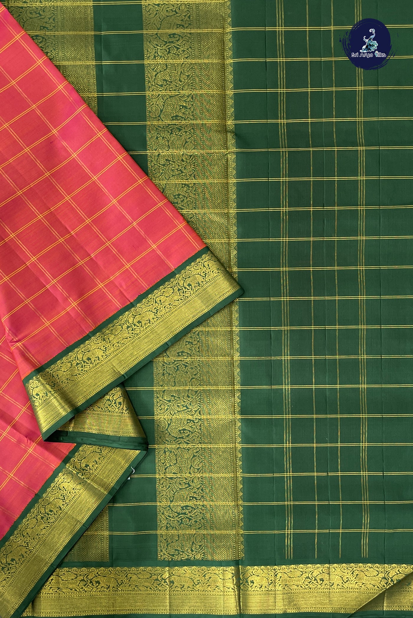 Pinkish Orange Madisar 10 Yards Silk Saree With Zari Checked Pattern