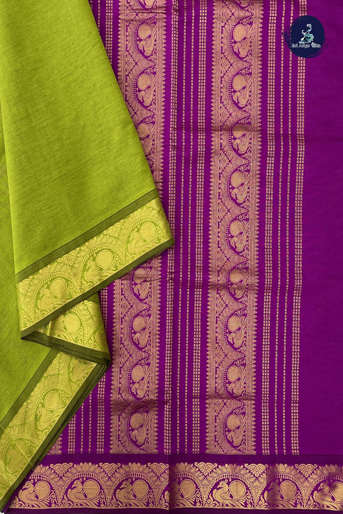 Mehendi Green Madisar Semi Silk Cotton Saree With Plain Pattern