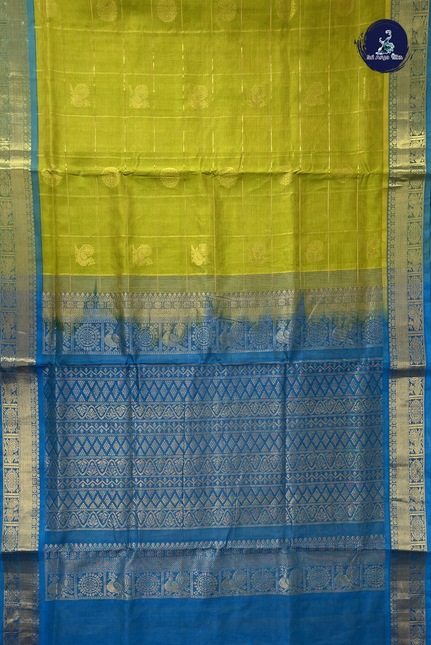 Mehendi Green 10 Yards Silk Cotton Saree With Zari Checked Pattern