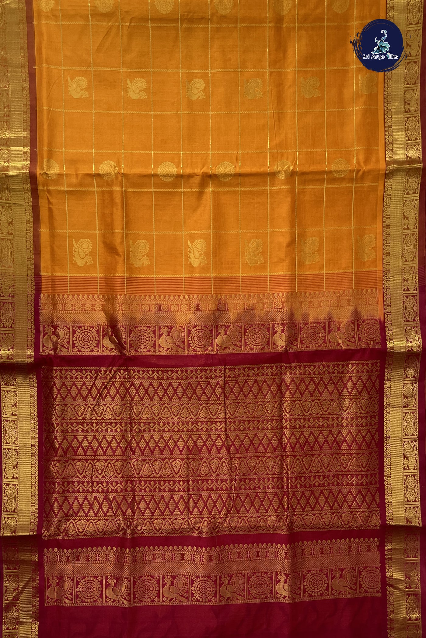 Lite Mustard Orange 10 Yards Silk Cotton Saree With Zari Checked Pattern