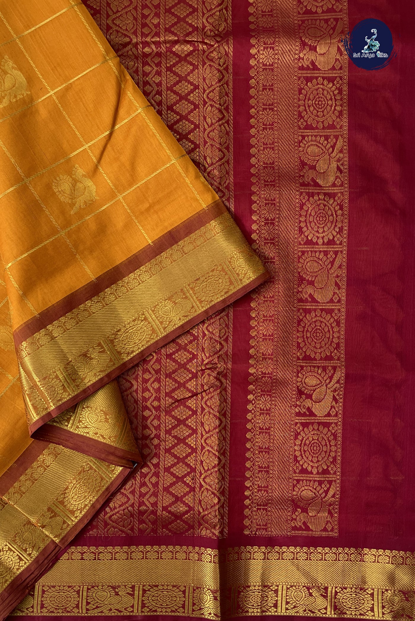 Lite Mustard Orange 10 Yards Silk Cotton Saree With Zari Checked Pattern