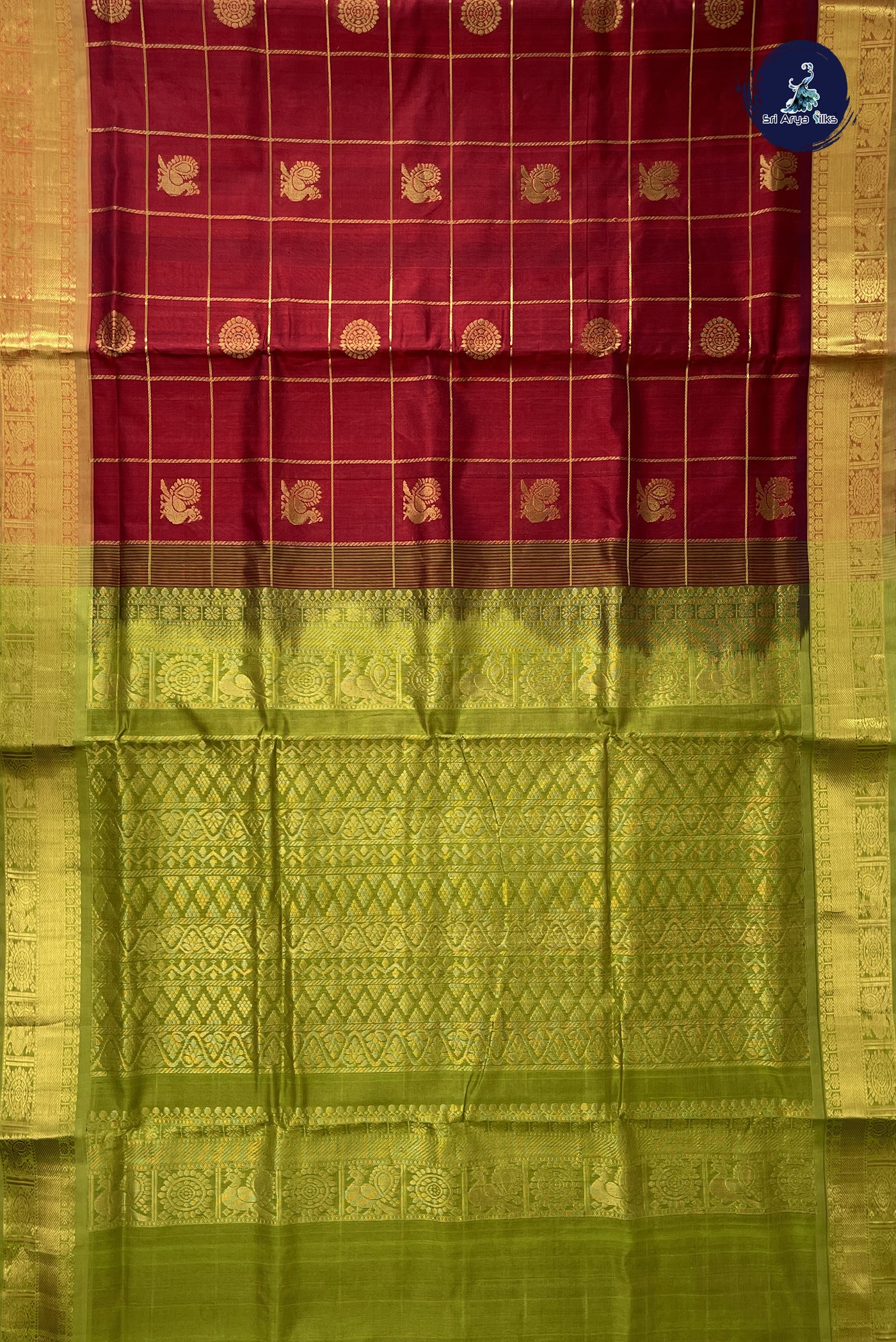 Maroon 10 Yards Silk Cotton Saree With Zari Checked Pattern