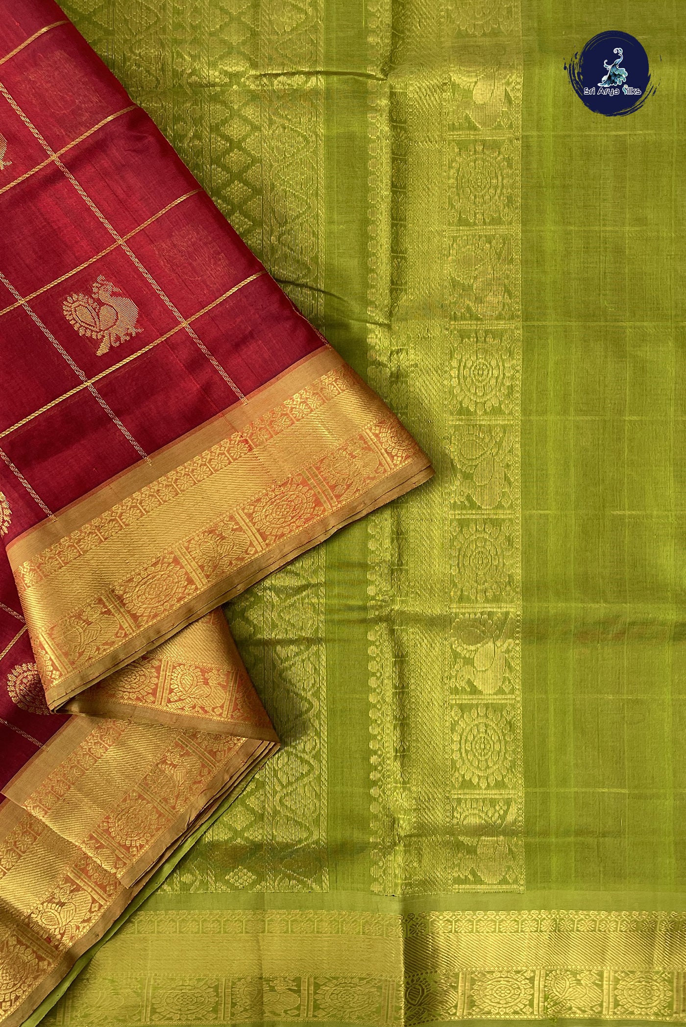 Maroon 10 Yards Silk Cotton Saree With Zari Checked Pattern