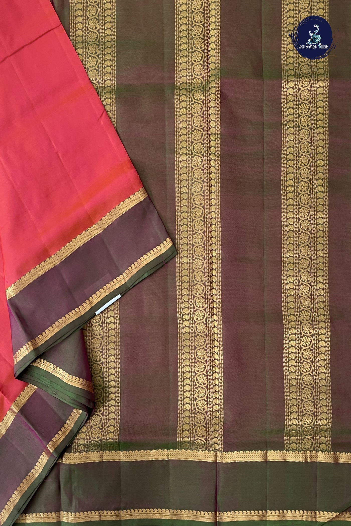 Orangish Pink Madisar 10 Yards Silk Saree With Plain Pattern