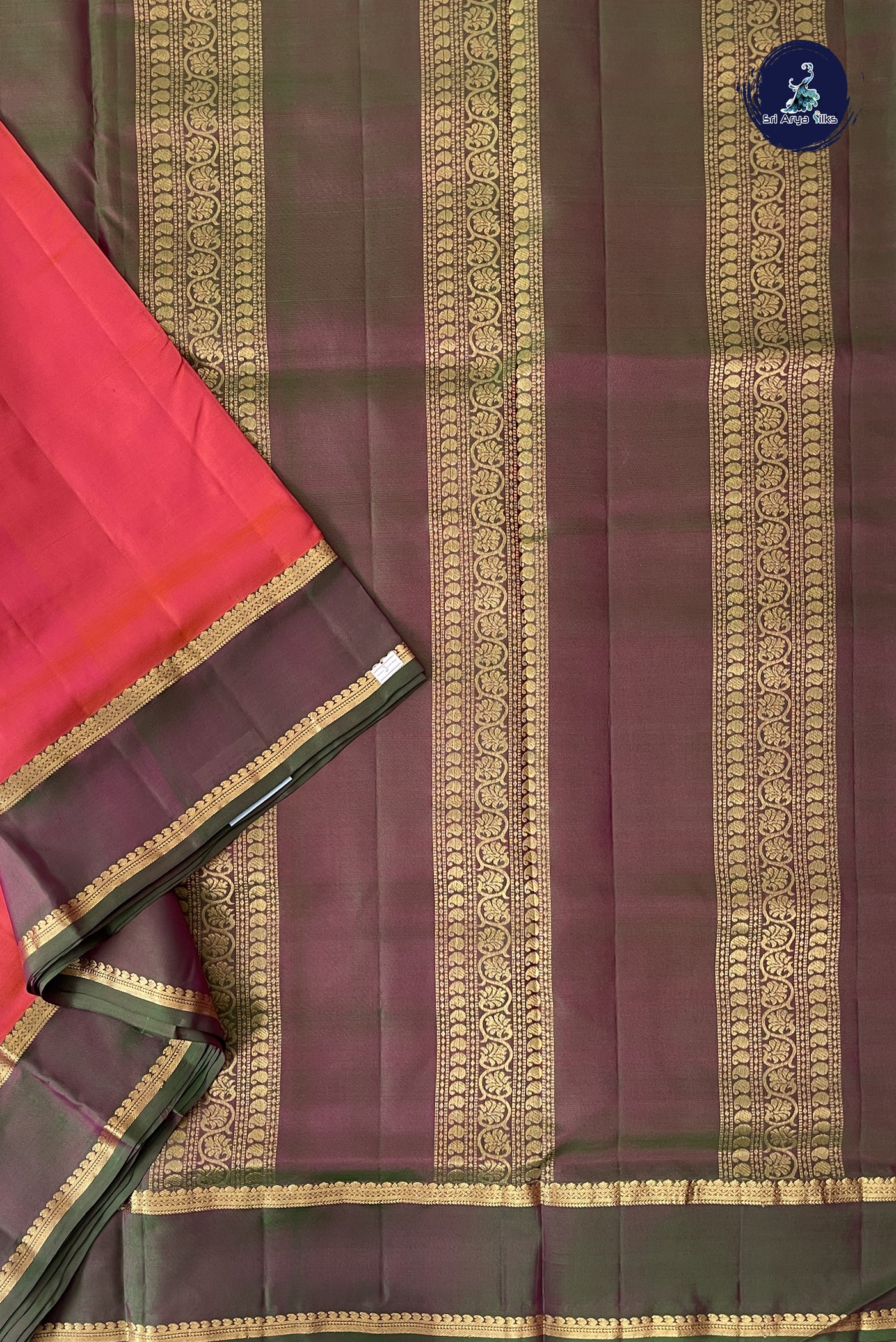 Orangish Pink Madisar 10 Yards Silk Saree With Plain Pattern