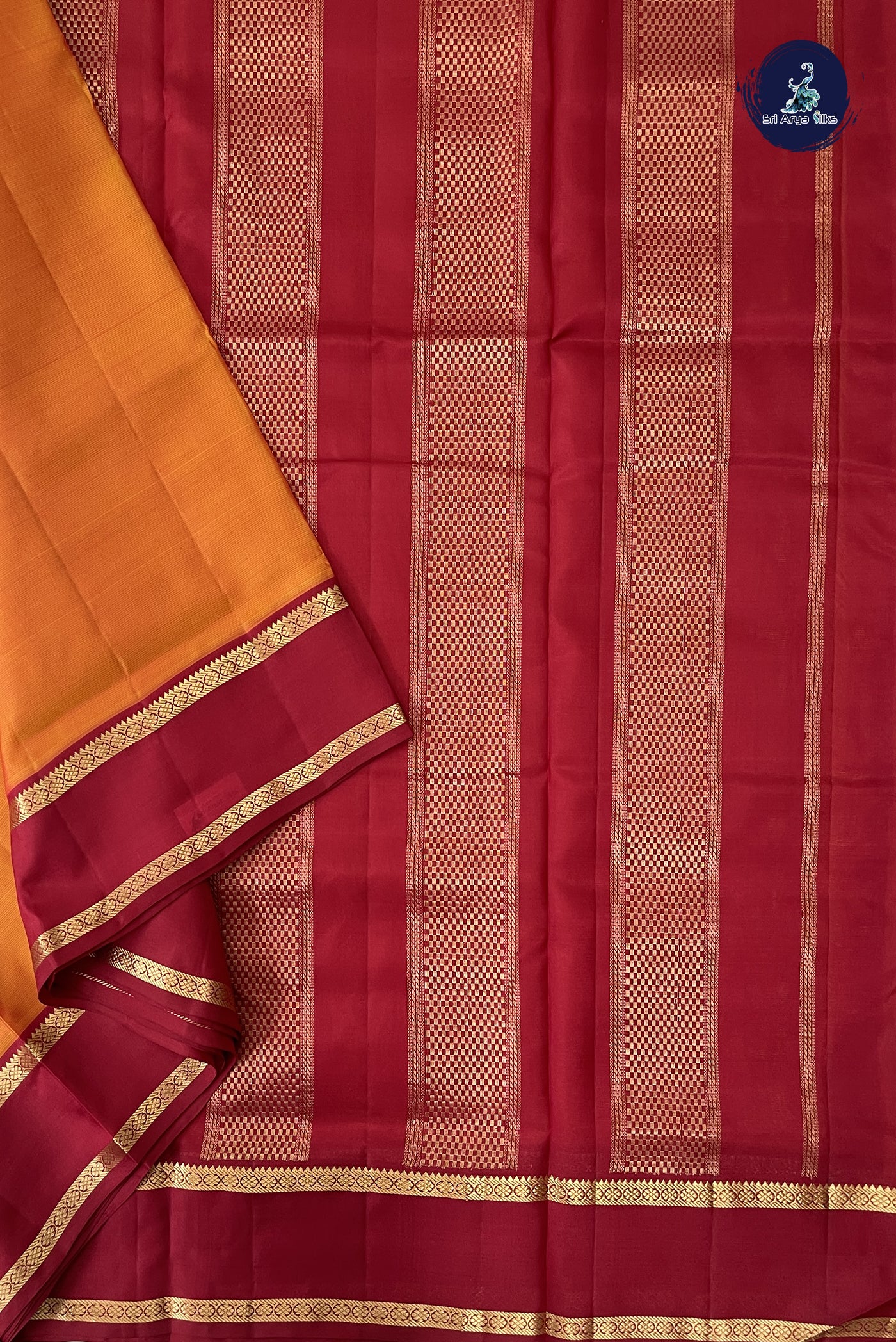 Lite Mustard Orange Madisar 10 Yards Silk Saree With Plain Pattern