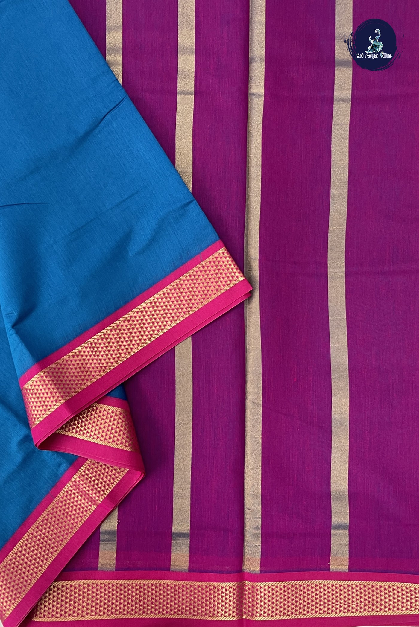 Sapphire Blue Madisar Semi Silk Cotton Saree With Plain Pattern