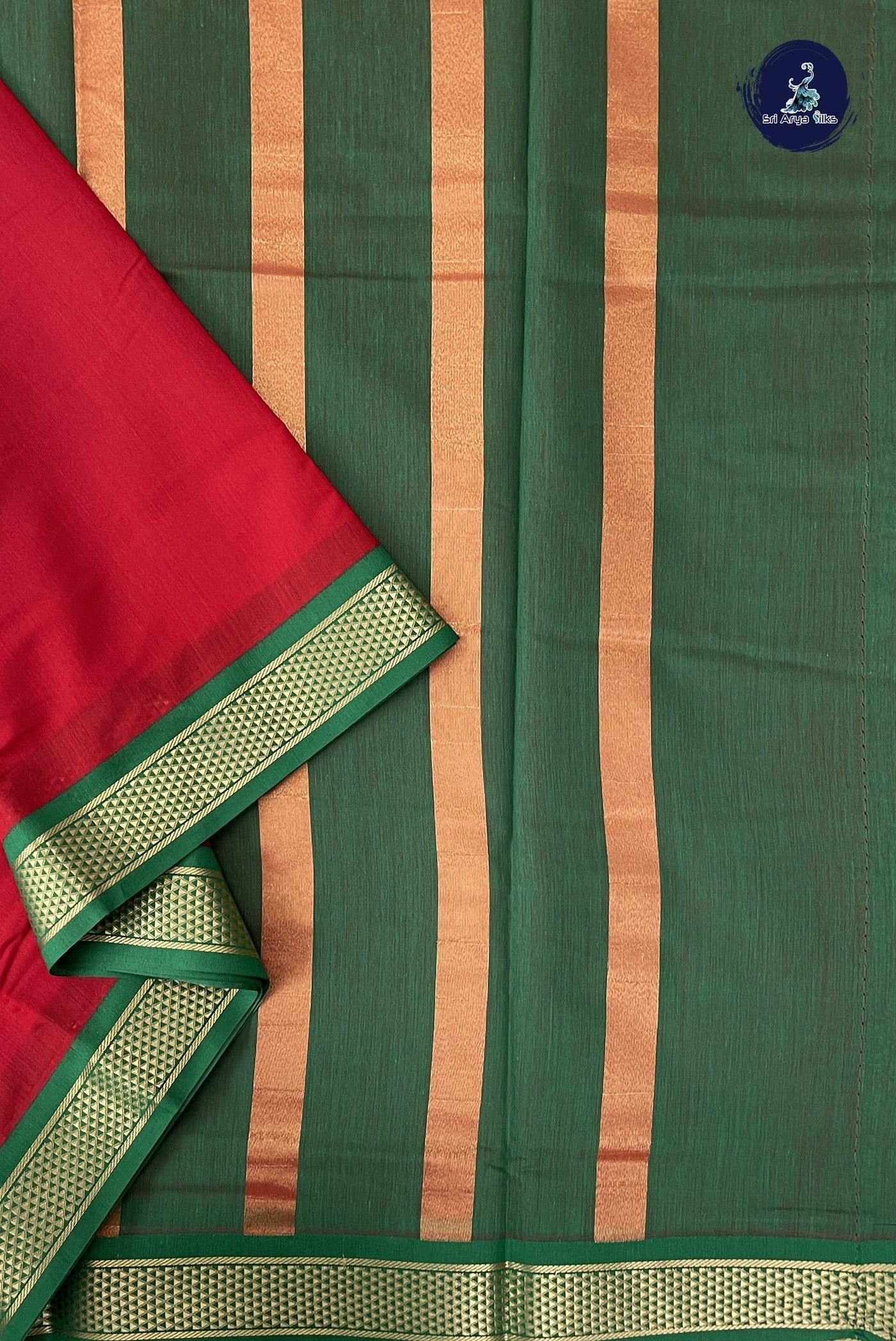 Red Madisar Semi Silk Cotton Saree With Plain Pattern