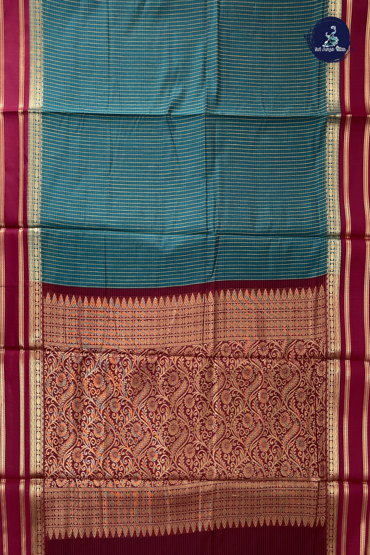 Sapphire Green Madisar Semi Silk Cotton Saree With Checked Pattern