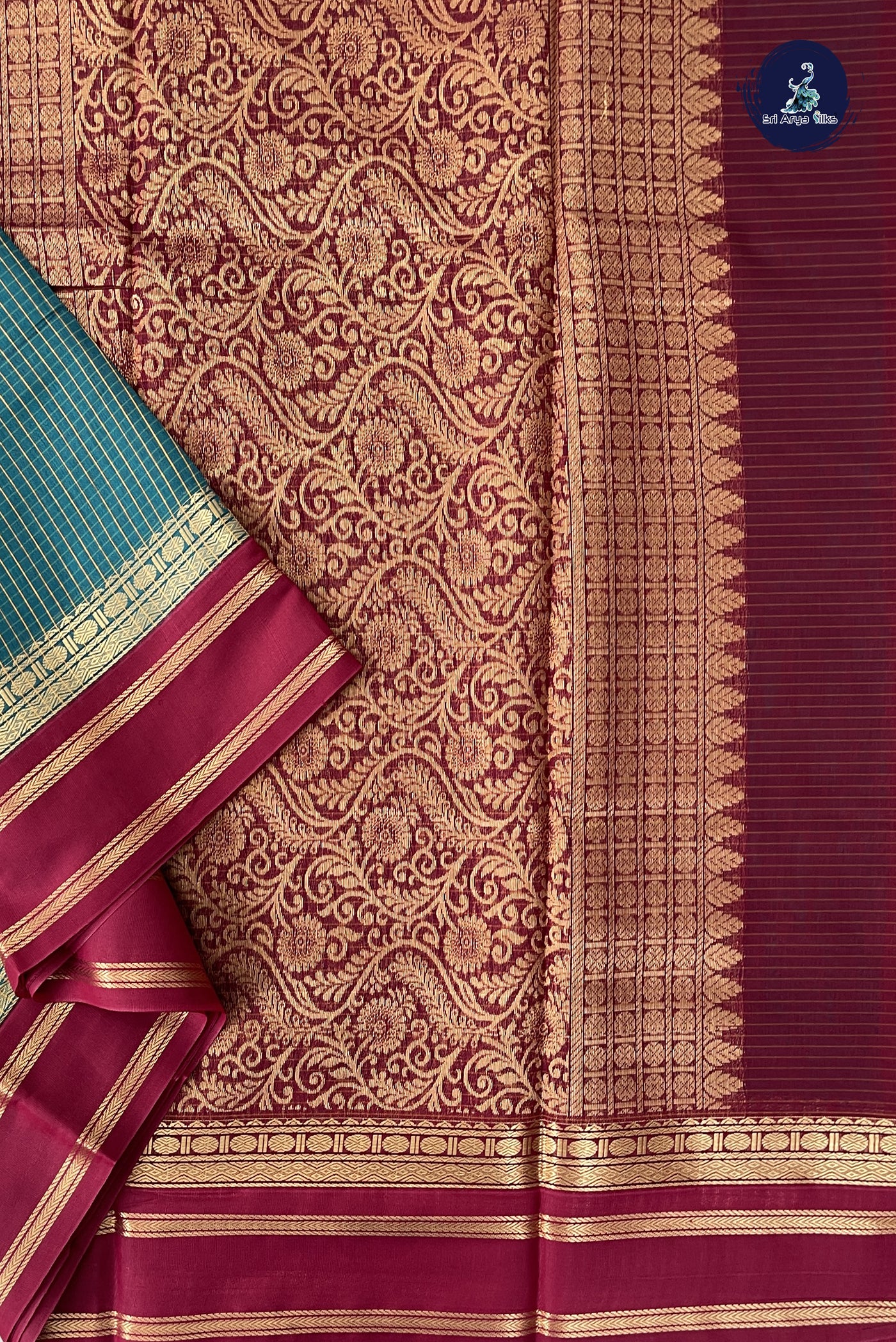 Sapphire Green Madisar Semi Silk Cotton Saree With Checked Pattern