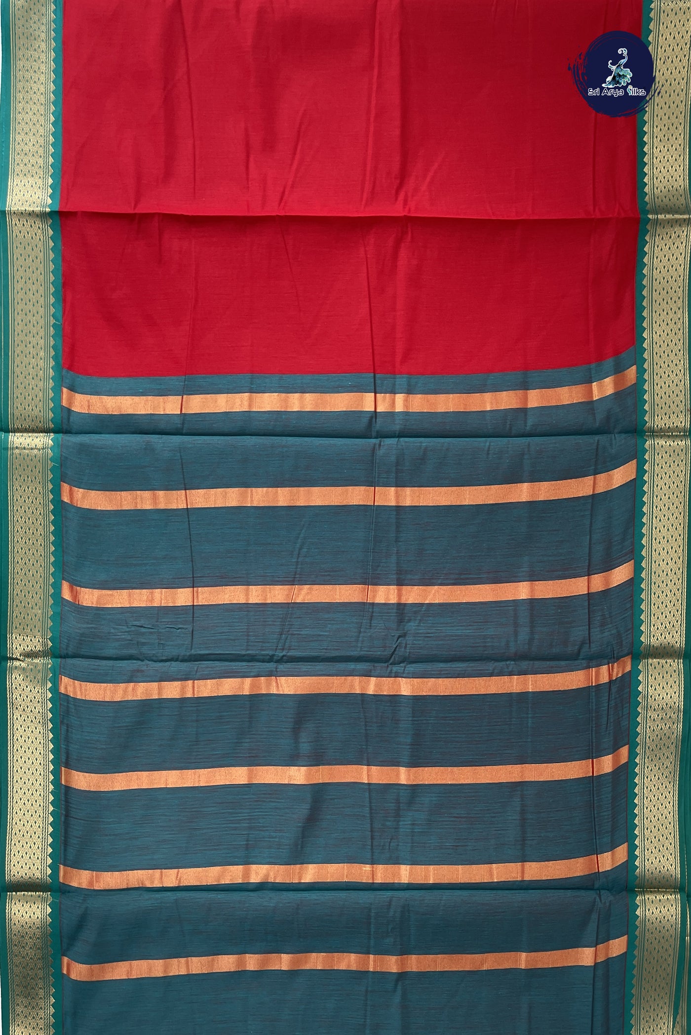 Red Madisar Semi Silk Cotton Saree With Plain Pattern