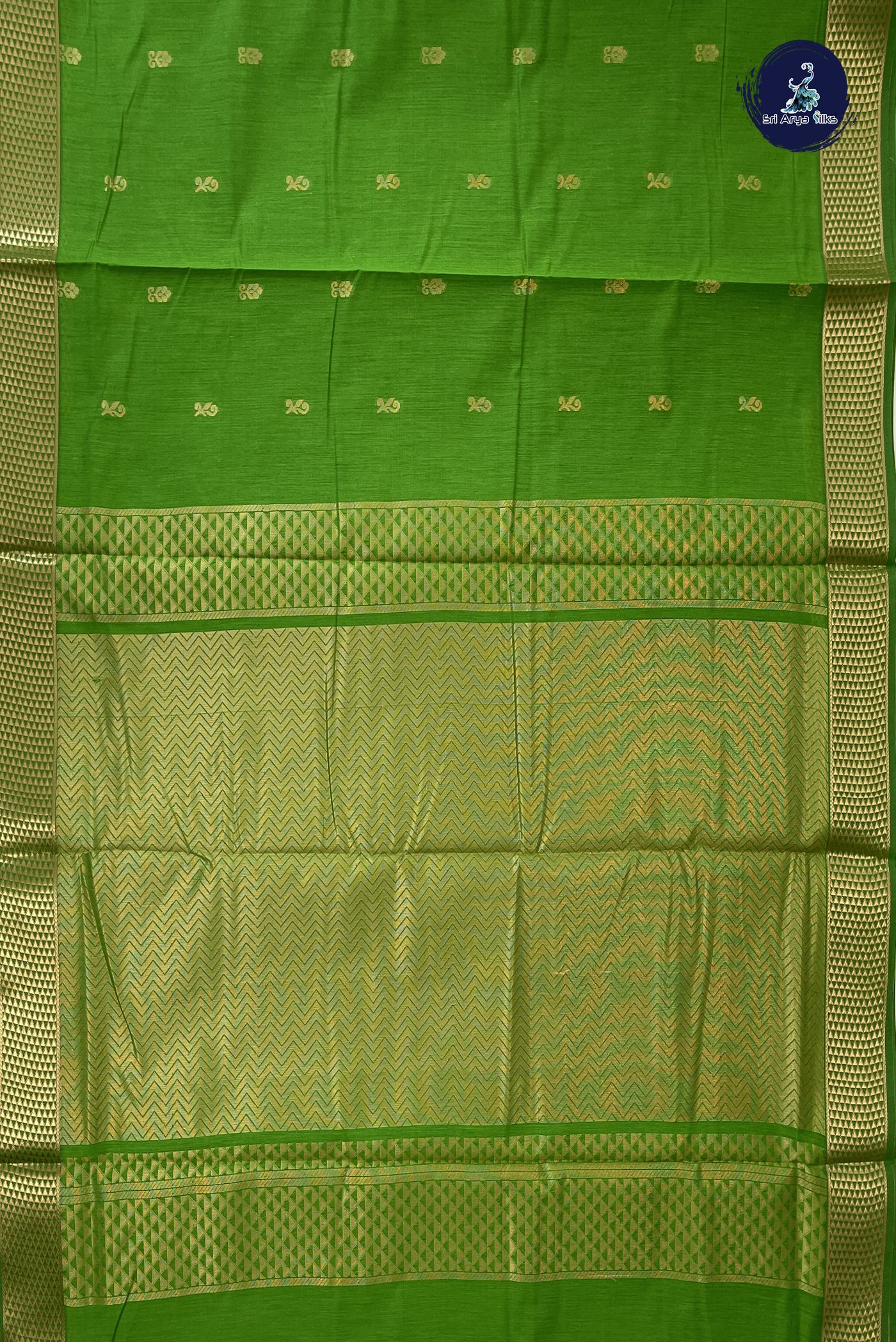 Parrot Green Madisar Semi Silk Cotton Saree With Zari Buttas Pattern